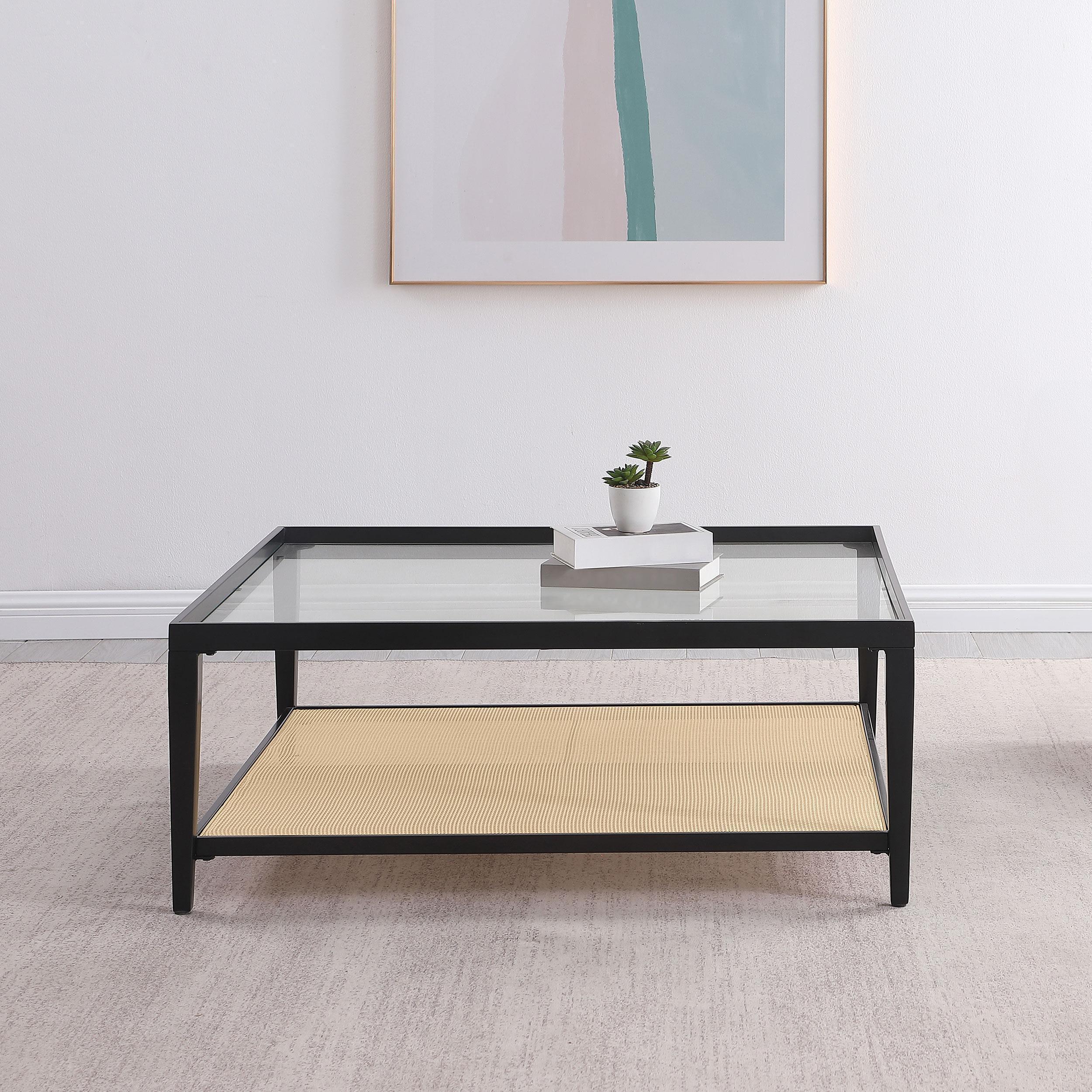 Amherst Glass Top Metal with Cane Shelf Coffee Table Black - Image 2