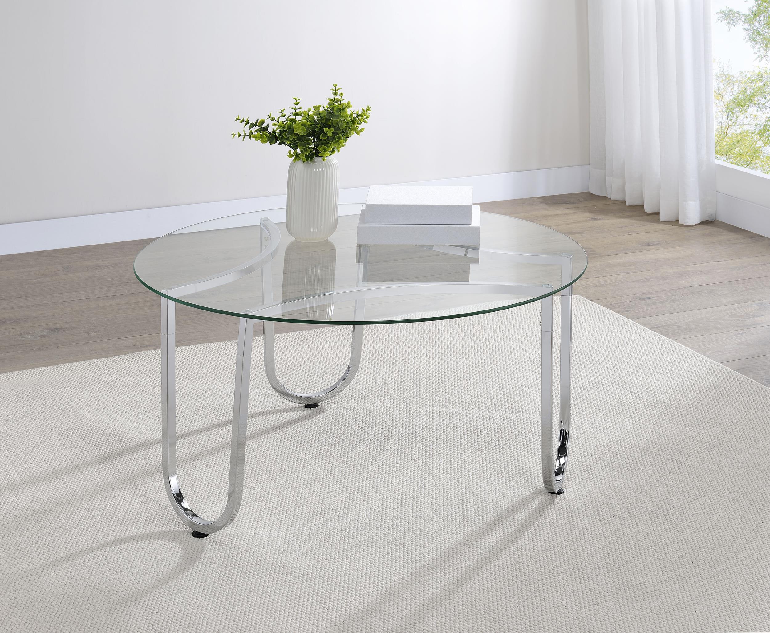 Beller Round Tempered Glass Top Cocktail Coffee Table Chrome - Image 2