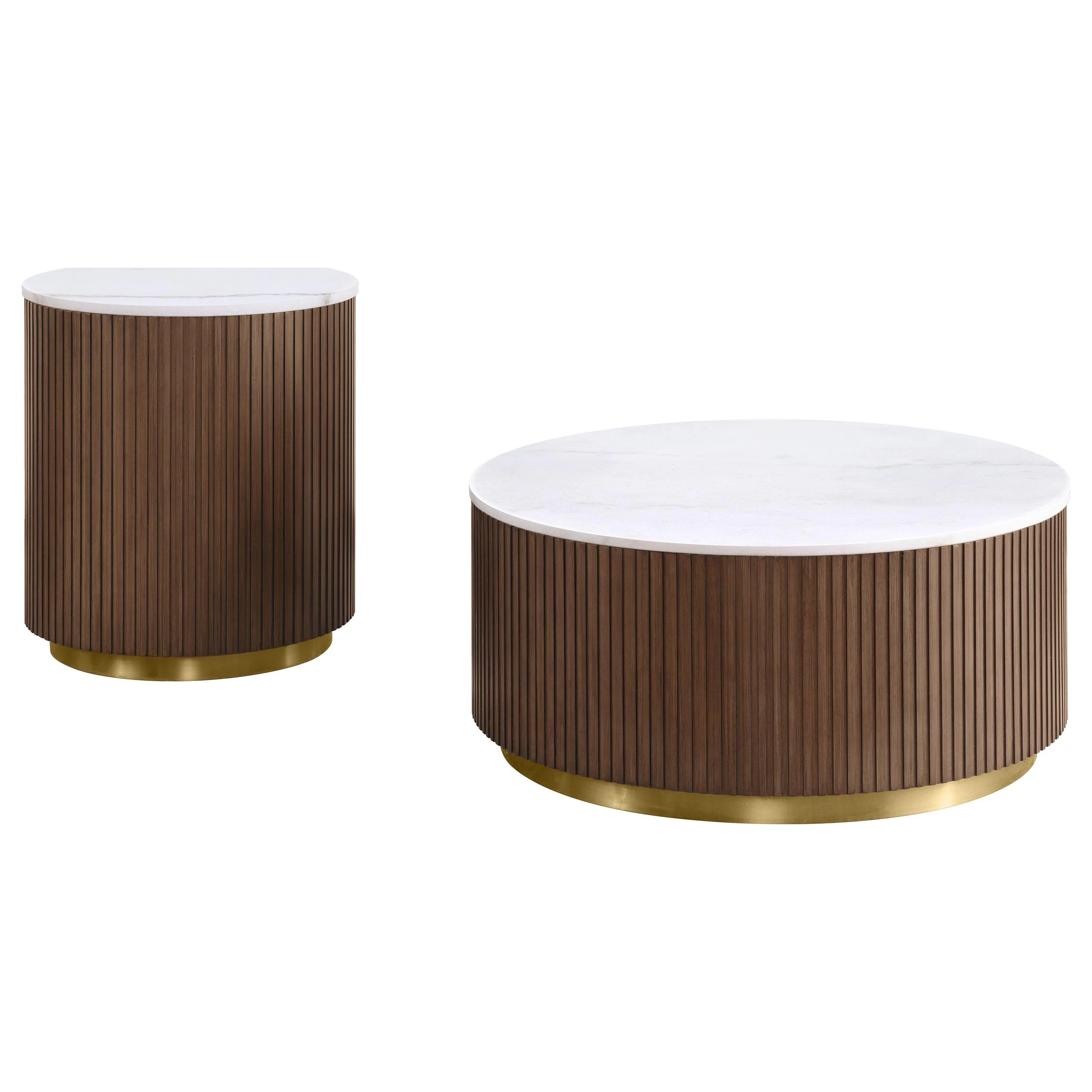 Jason 2-piece Round White Marble Coffee Table Set Honey Brown - Image 2