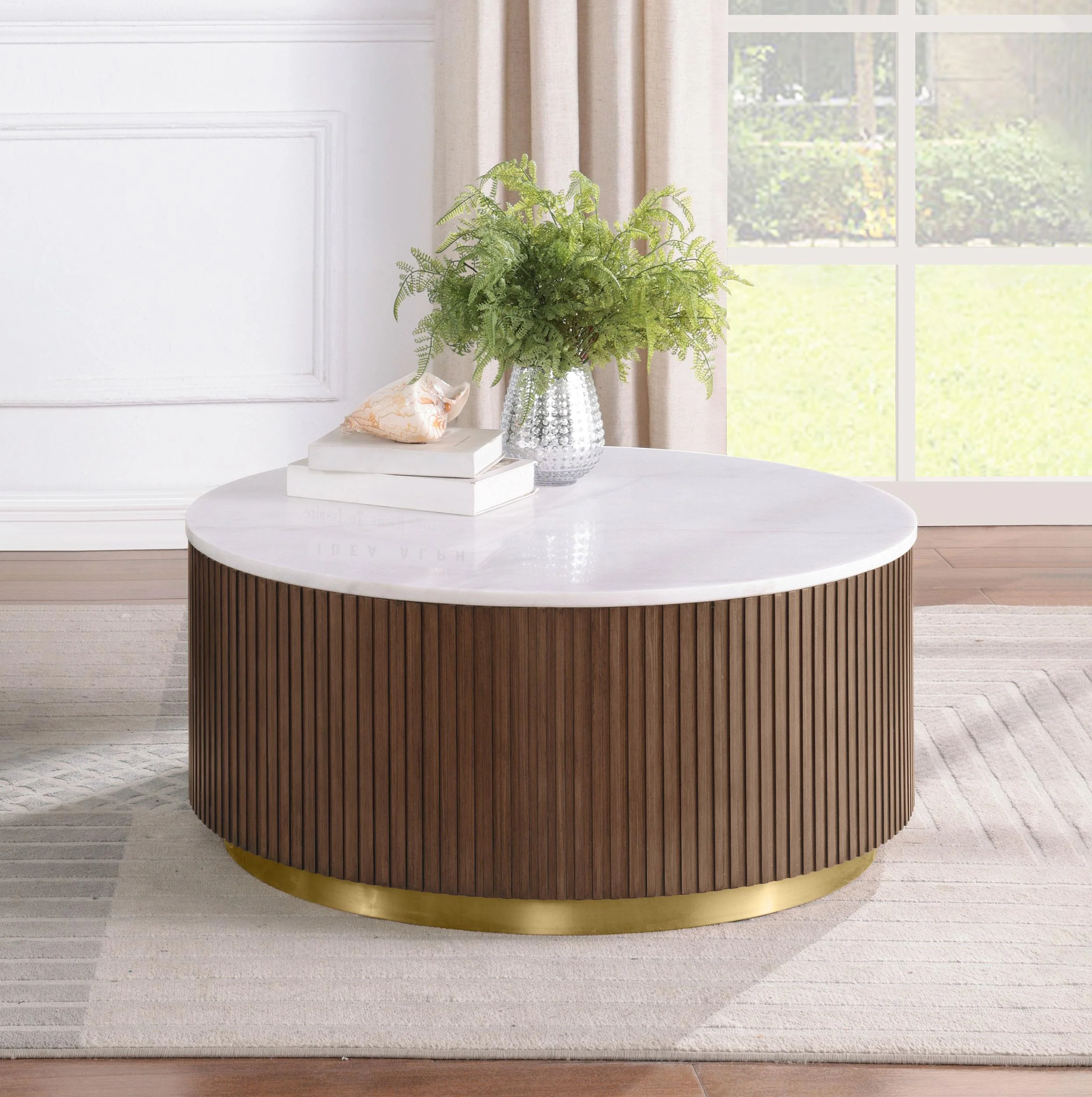 Jason Round White Marble Top Coffee Table Honey Brown - Image 2