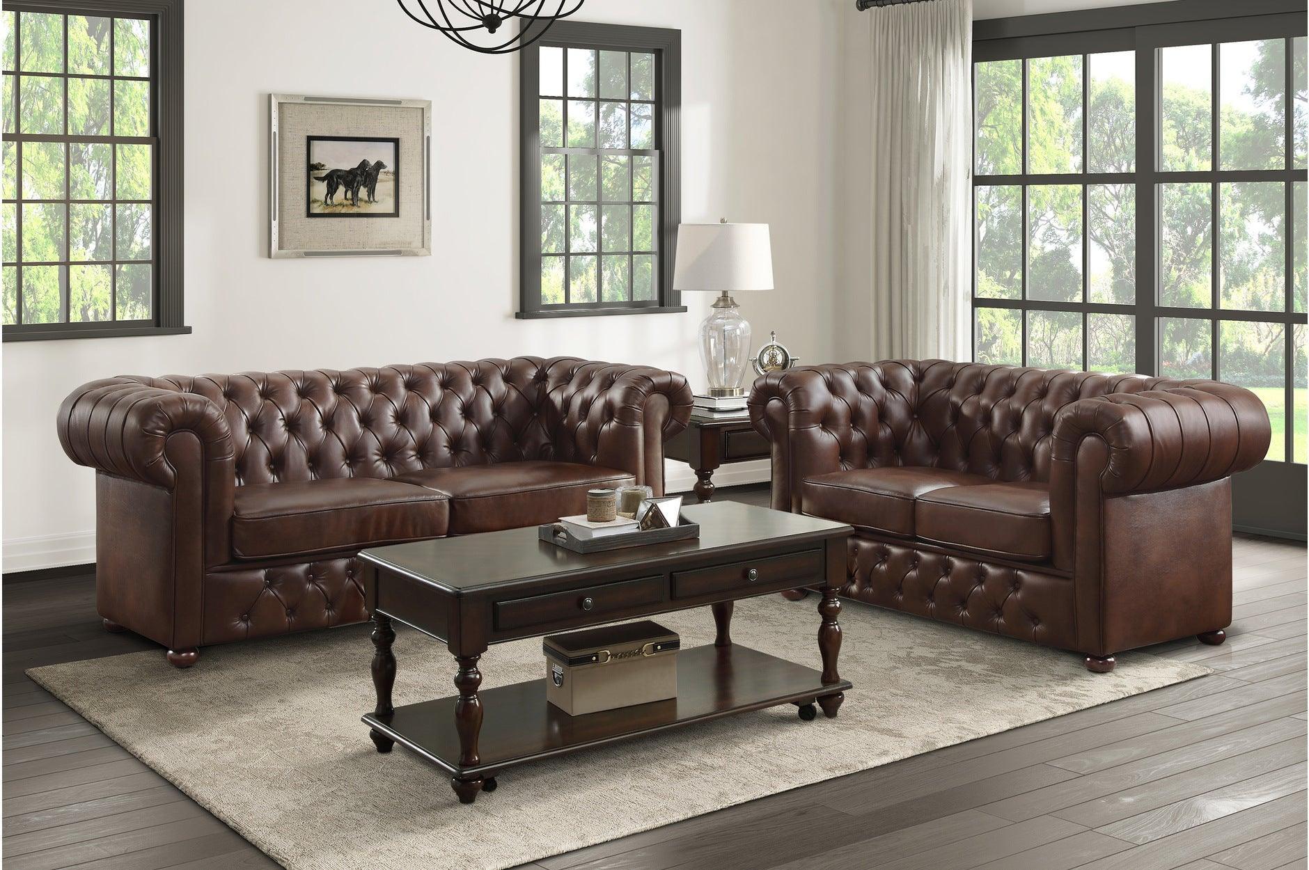 Tiverton Brown Faux Leather Tufted Living Room Set - Image 1