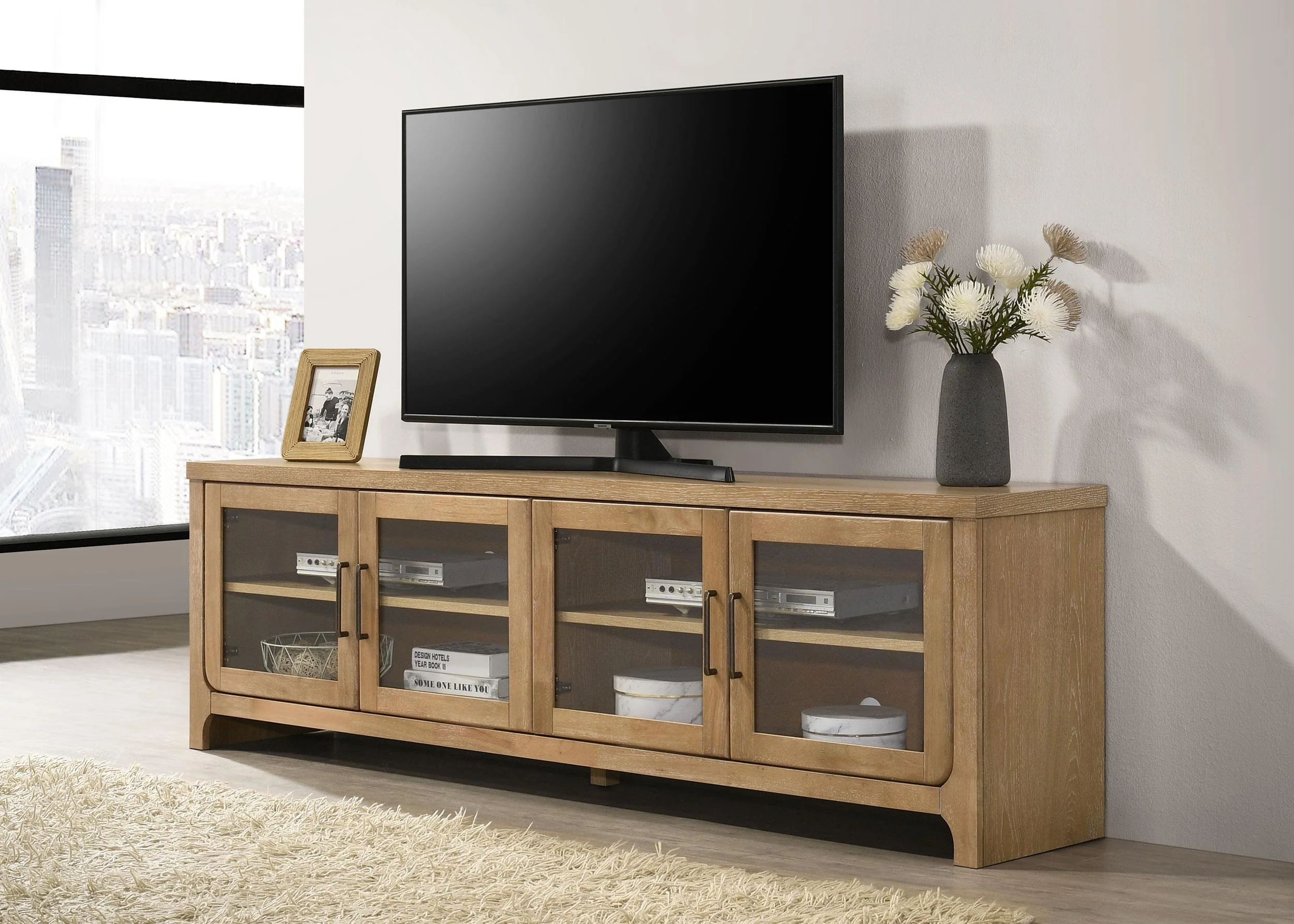 Brenham 79-inch 4-door TV Stand Media Console Light Oak - Image 2