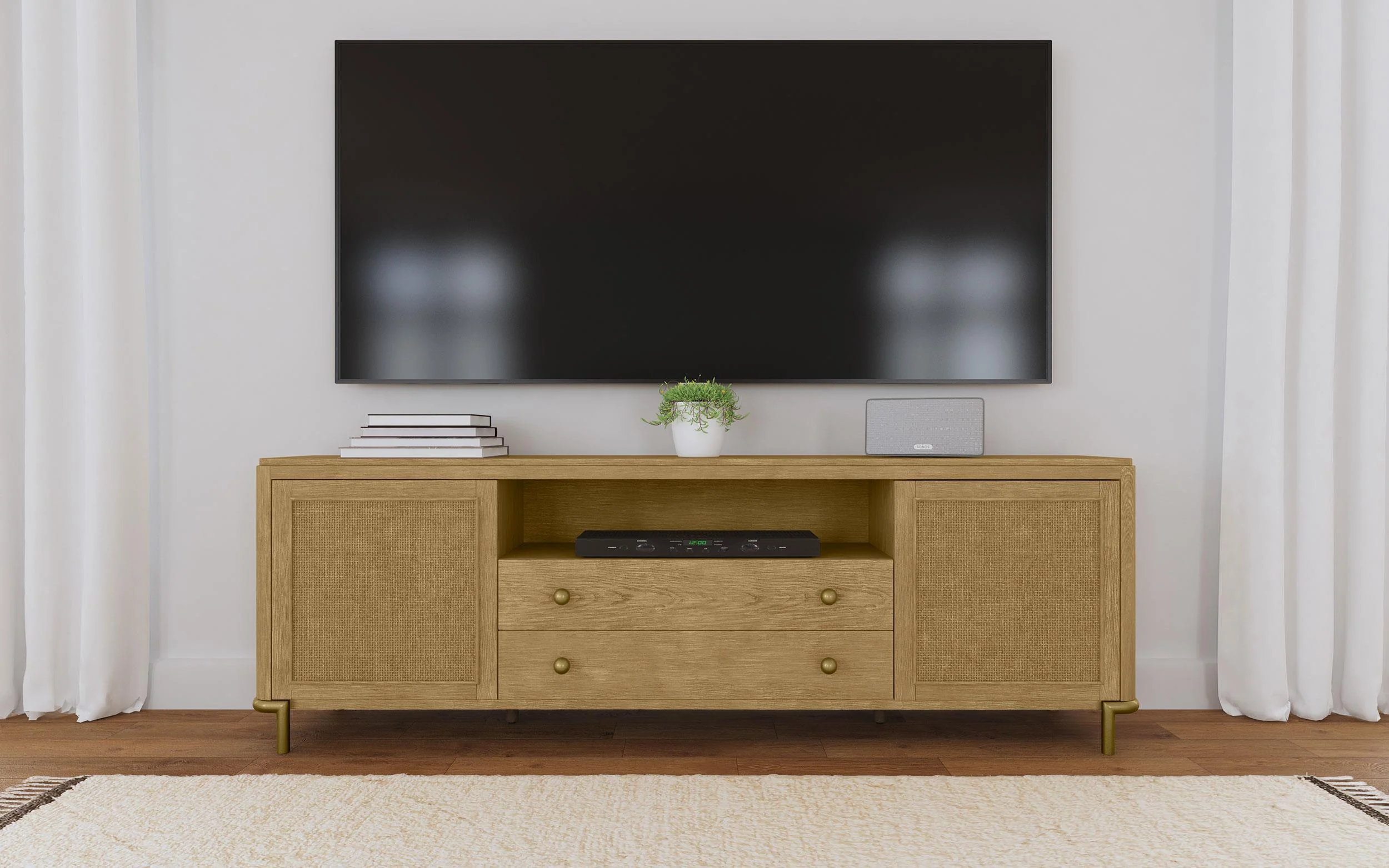 Arini Rattan Cane 2-door TV Stand Media Console Sand Wash - Image 2
