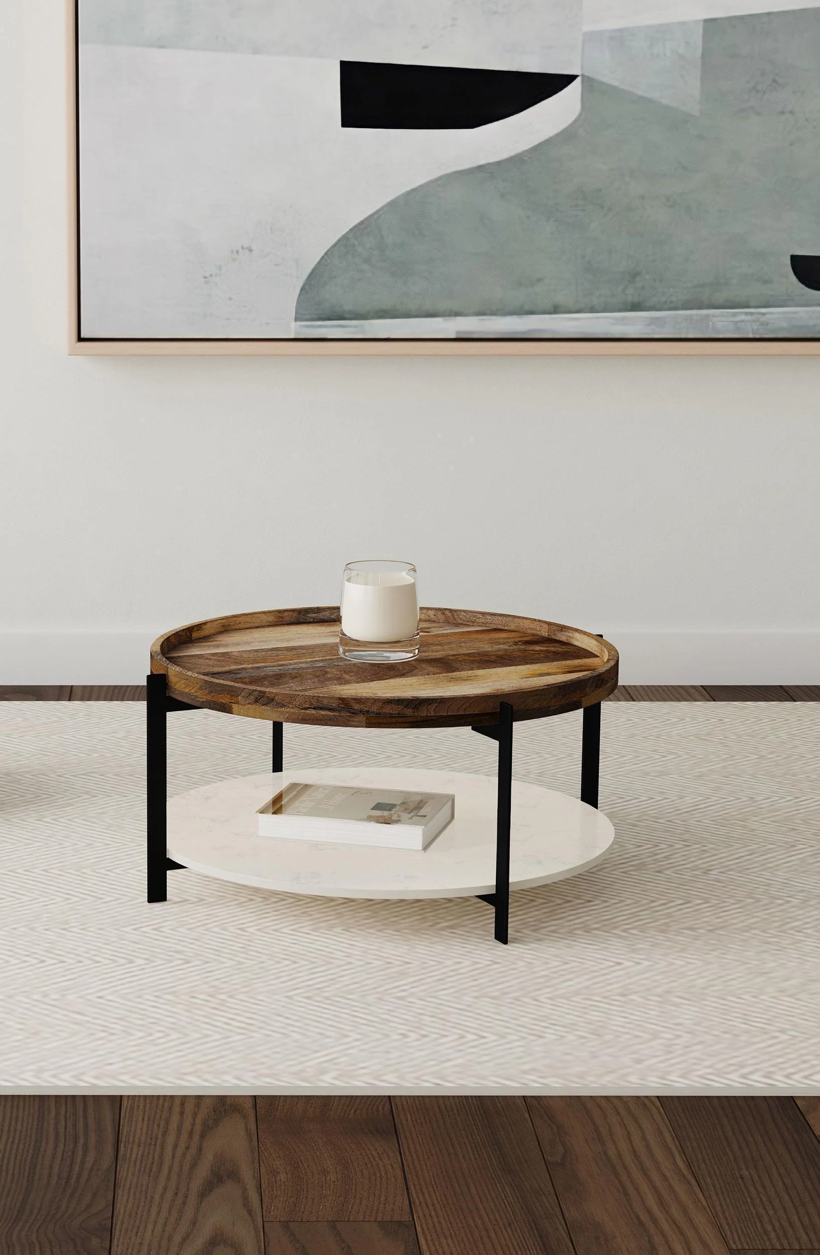 Adhvik Round Wood Top Marble Shelf Coffee Table Natural - Image 2
