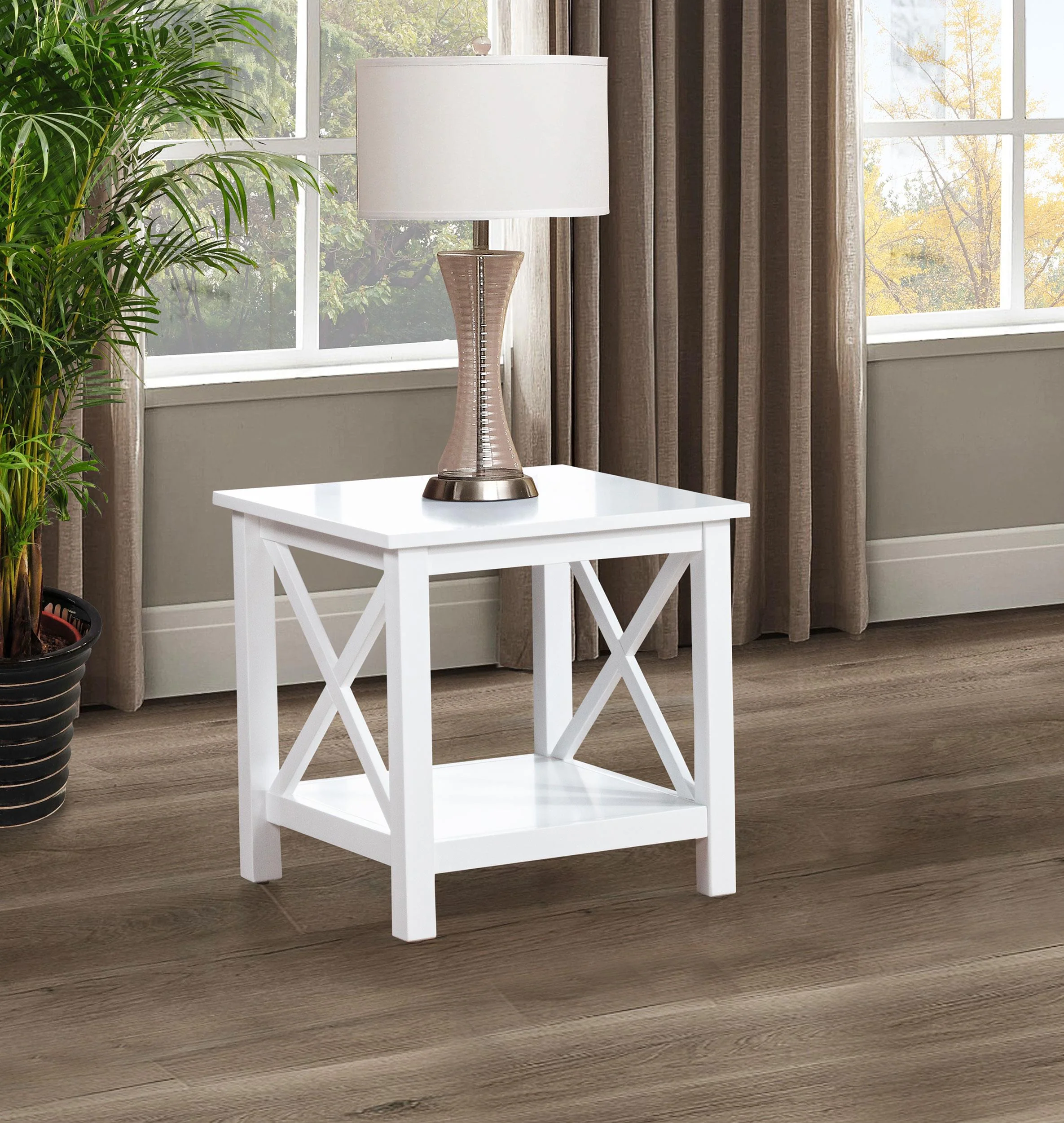 Skyview Square Pine Wood Side End Table with Shelf White - Image 2