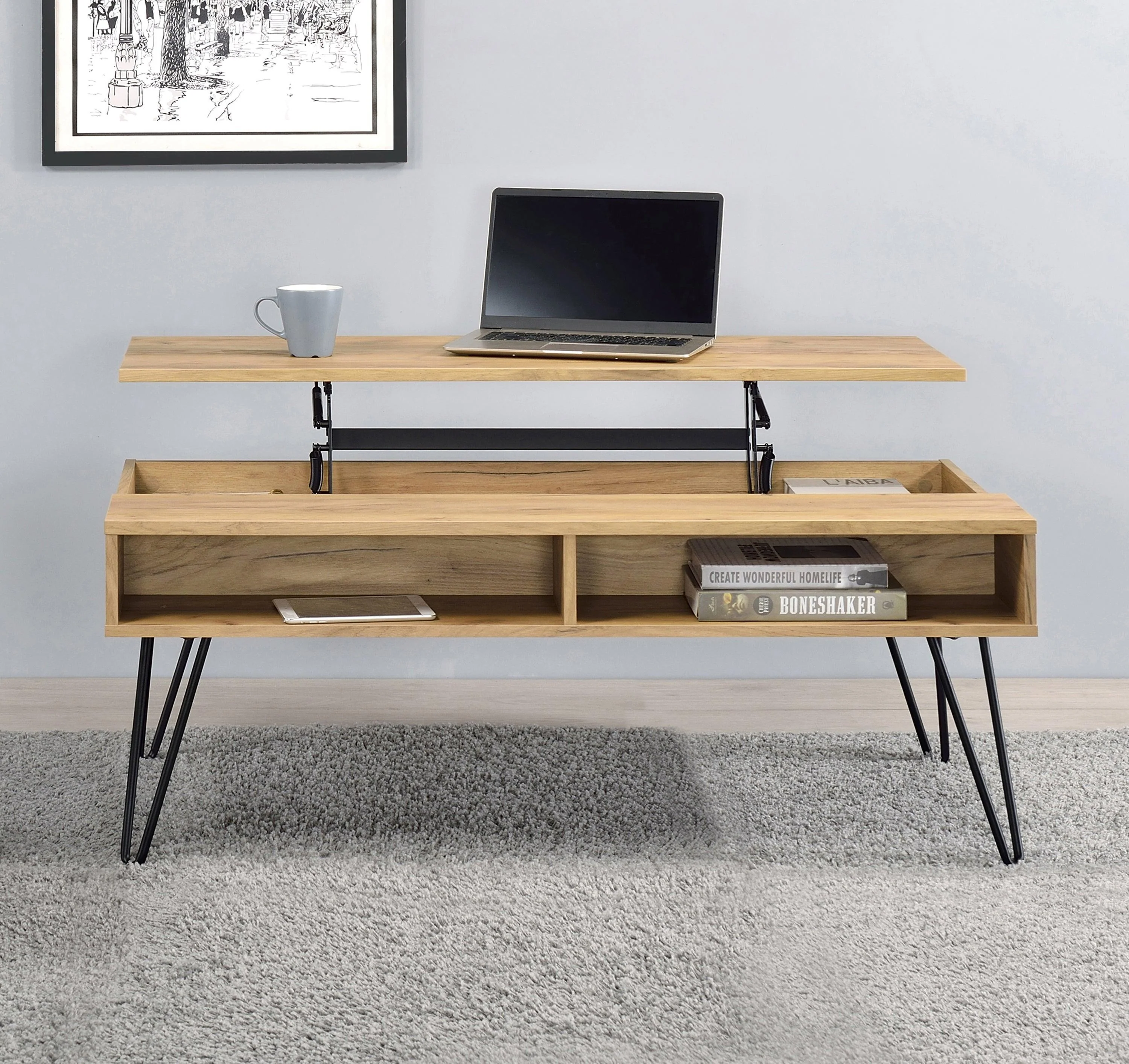 Fanning Lift Top Storage Coffee Table Golden Oak Black - Image 3