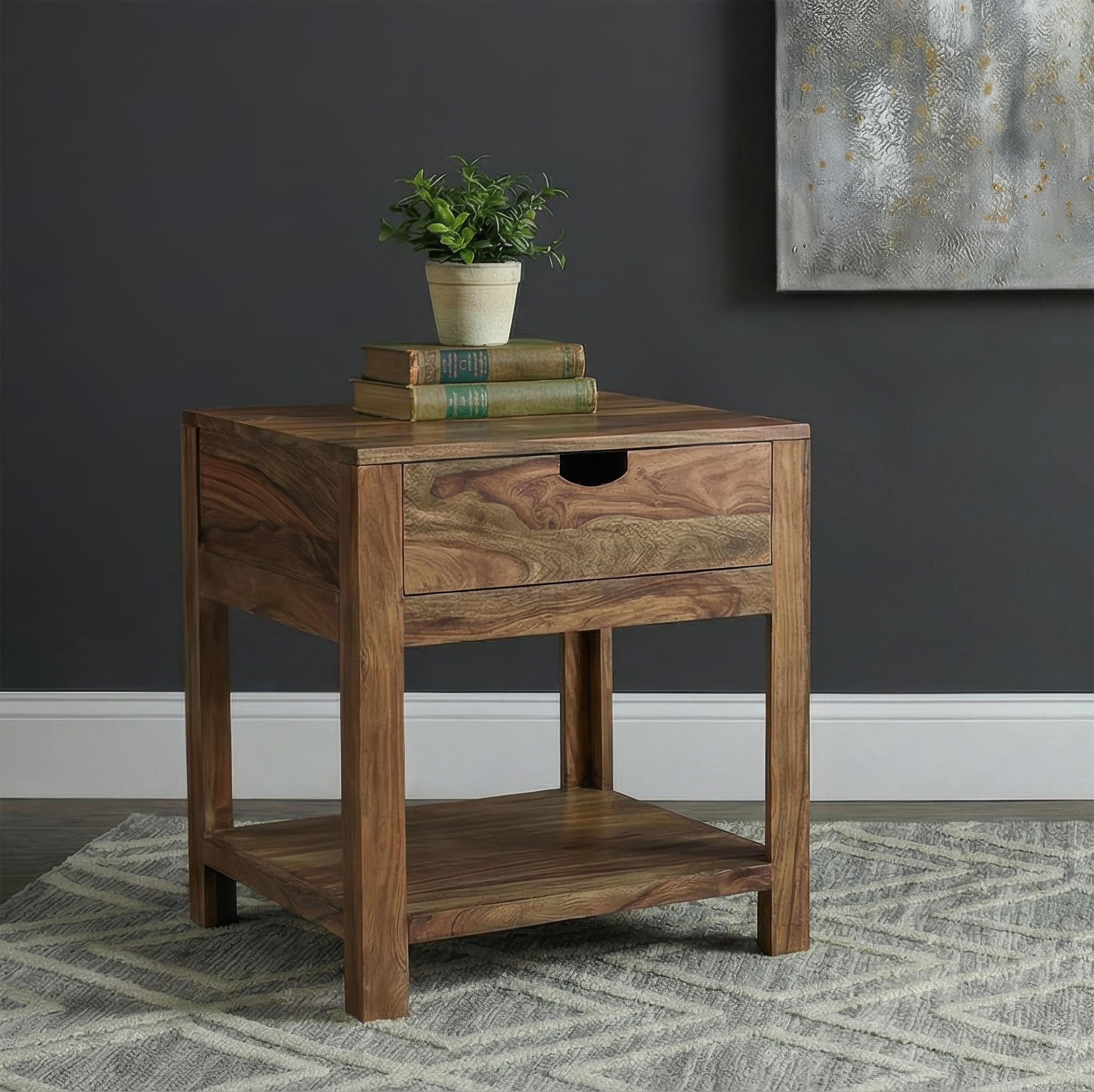 Esther 1-drawer Solid Wood Side End Table Natural Sheesham - Image 2