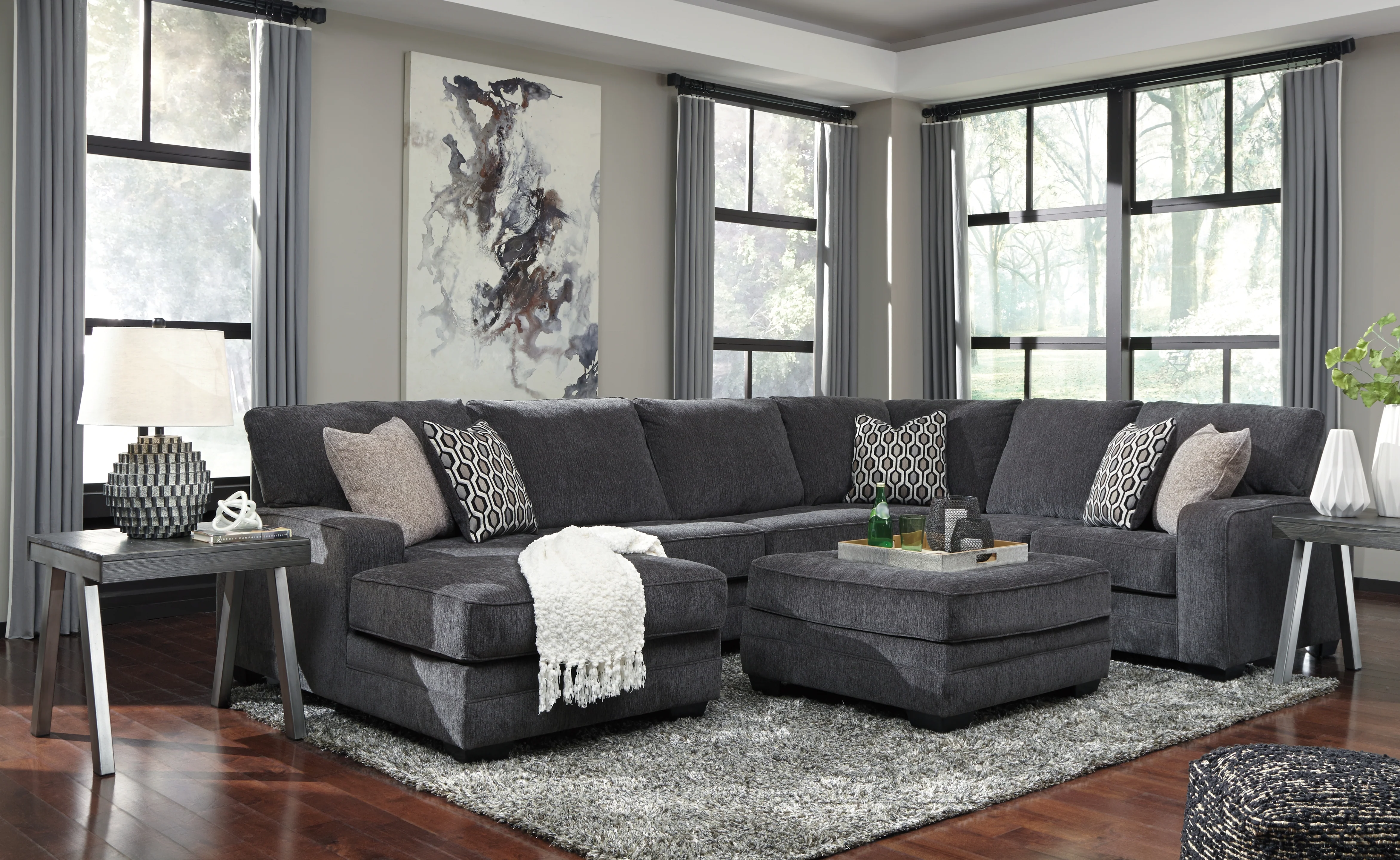 Tracling Slate Chenille 3-Piece Sectional with Chaise - Image 3
