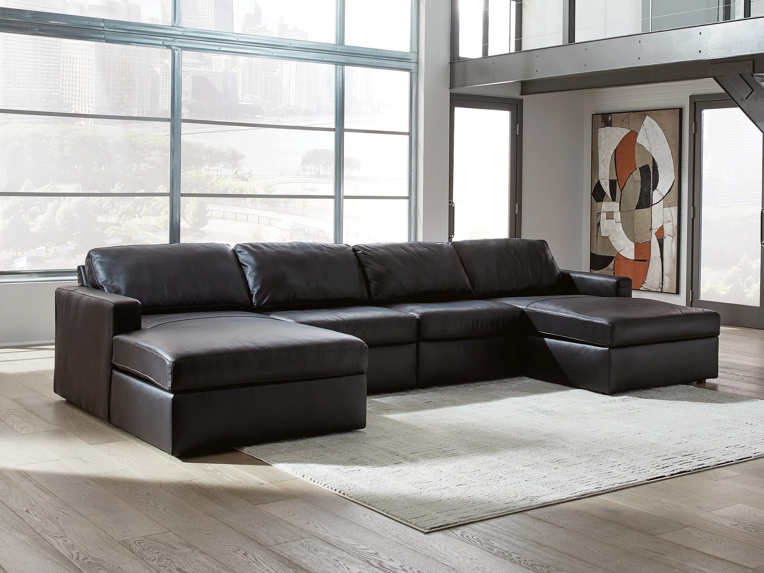 Modmax II Black Leather 4-Piece Double Chaise Sectional - Image 3