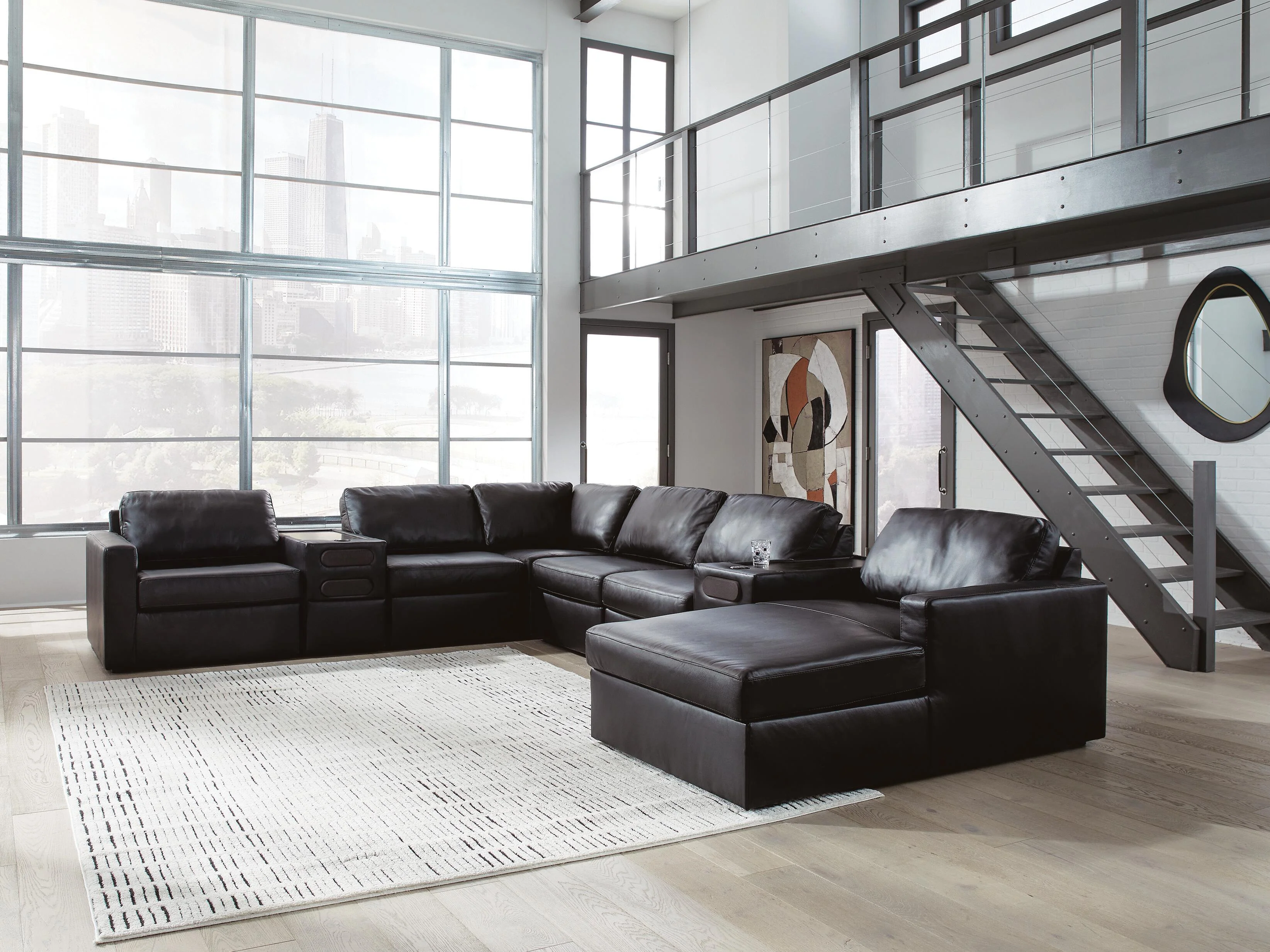 Modmax II Black Leather 8-Piece Sectional with Chaise and Audio Consoles - Image 3