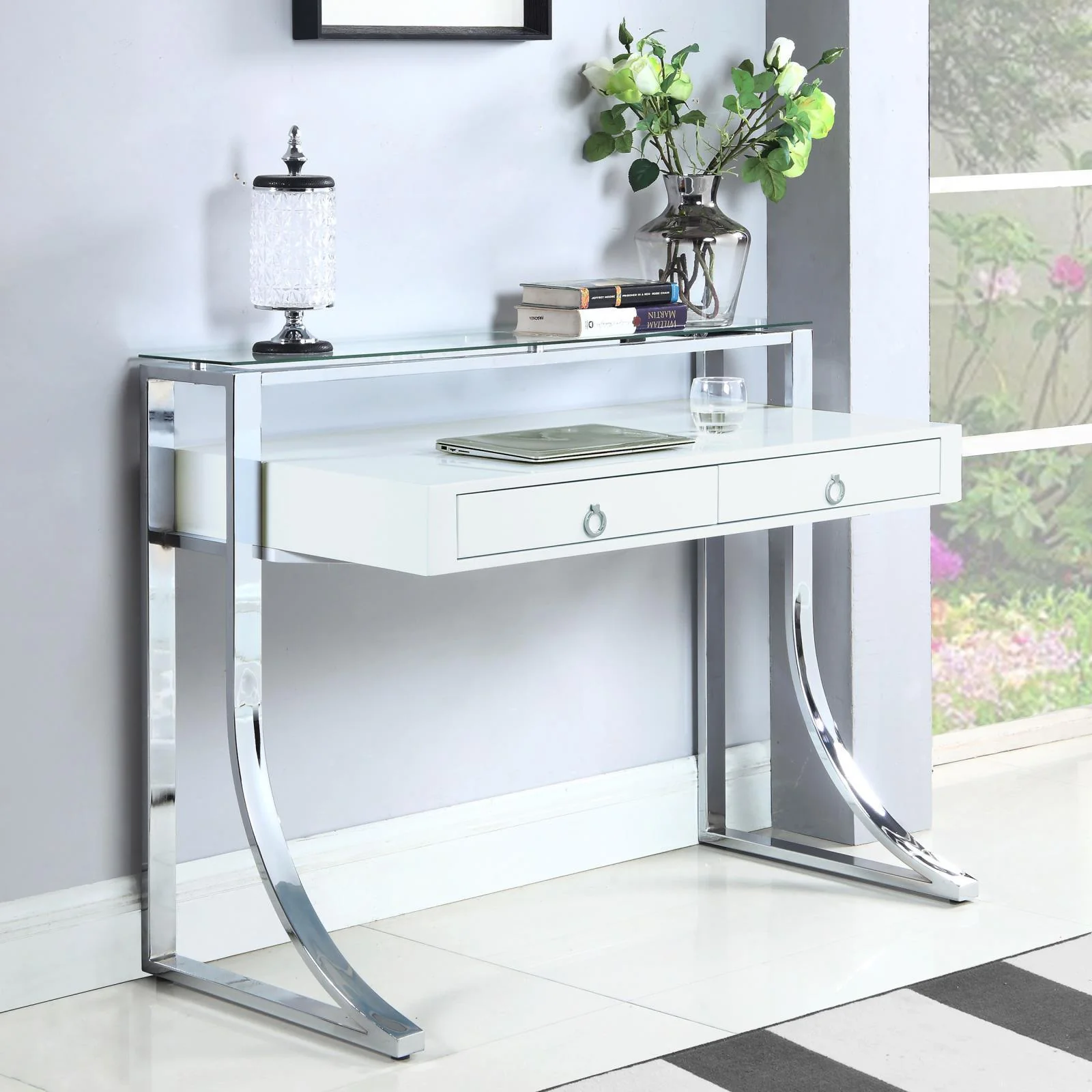 Gemma Glossy White Chrome Writing Desk - Image 1