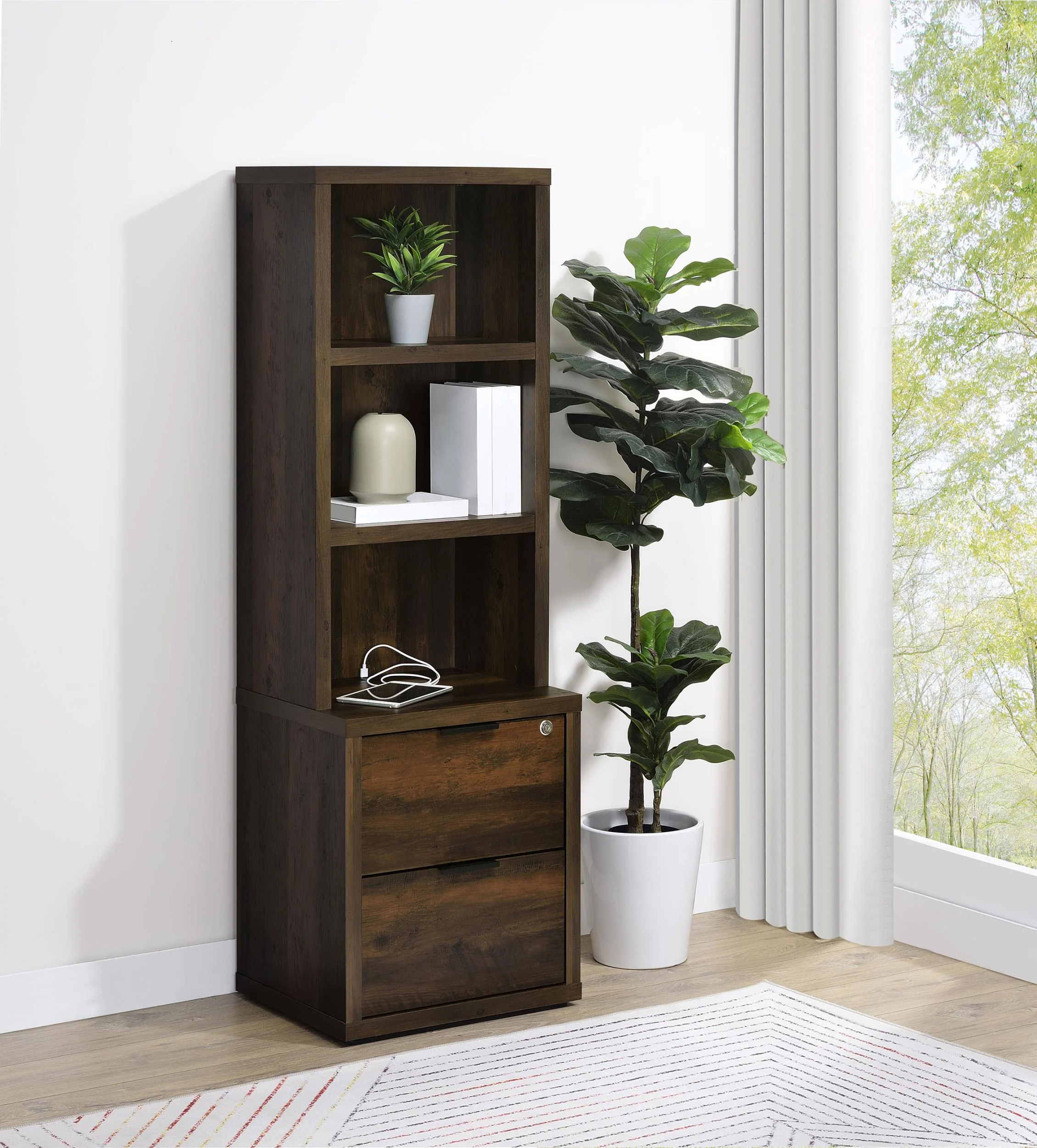 Westpark 3-shelf Bookcase USB and Lockable Drawer Dark Pine - Image 2