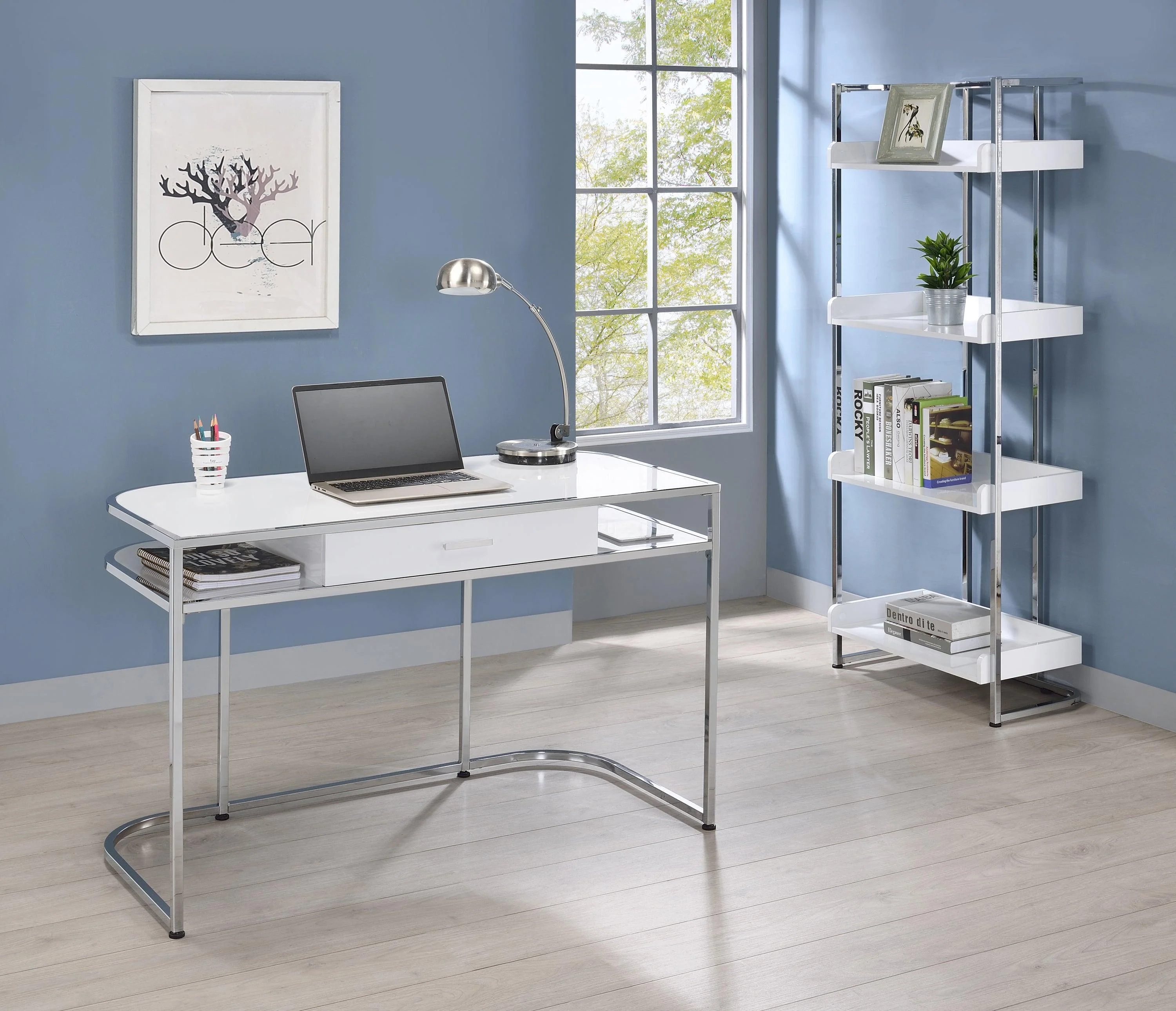Ember 4 Shelf Bookcase White High Gloss Chrome - Image 2