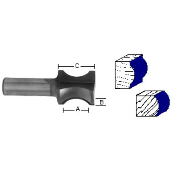 1476 Oval Edge (Half Bull Nose) Router Bit 3/4" A X 3/16" B X 1-1/4" CL 1" D - Image 1