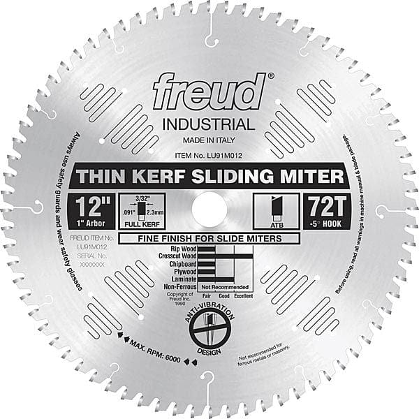 LU91M012 Sliding Compound Miter Saw Blade 12″ X 1″ Bore 72 Tooth Thin Kerf