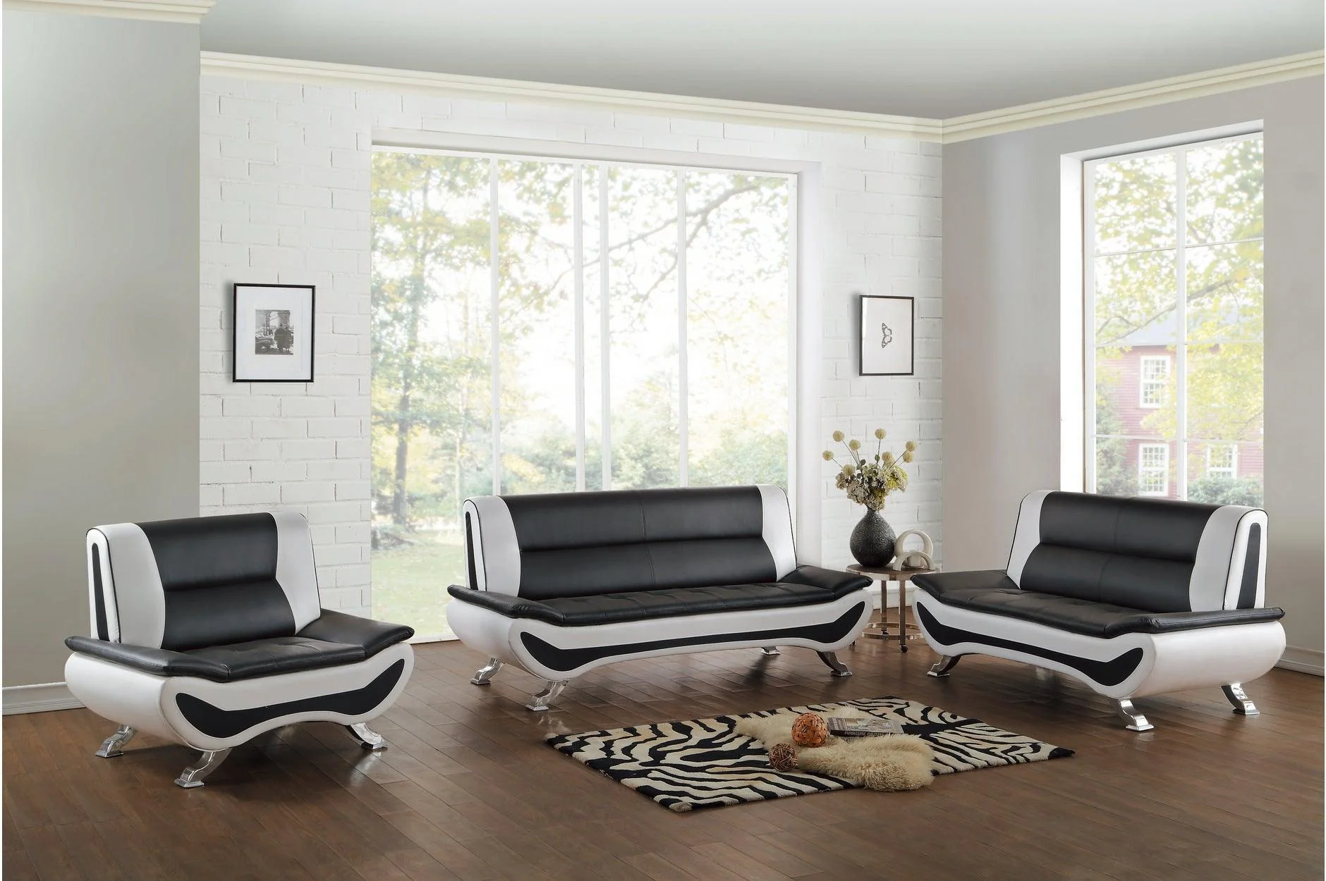 Veloce Black White Faux Leather Tufted Living Room Set - Image 2