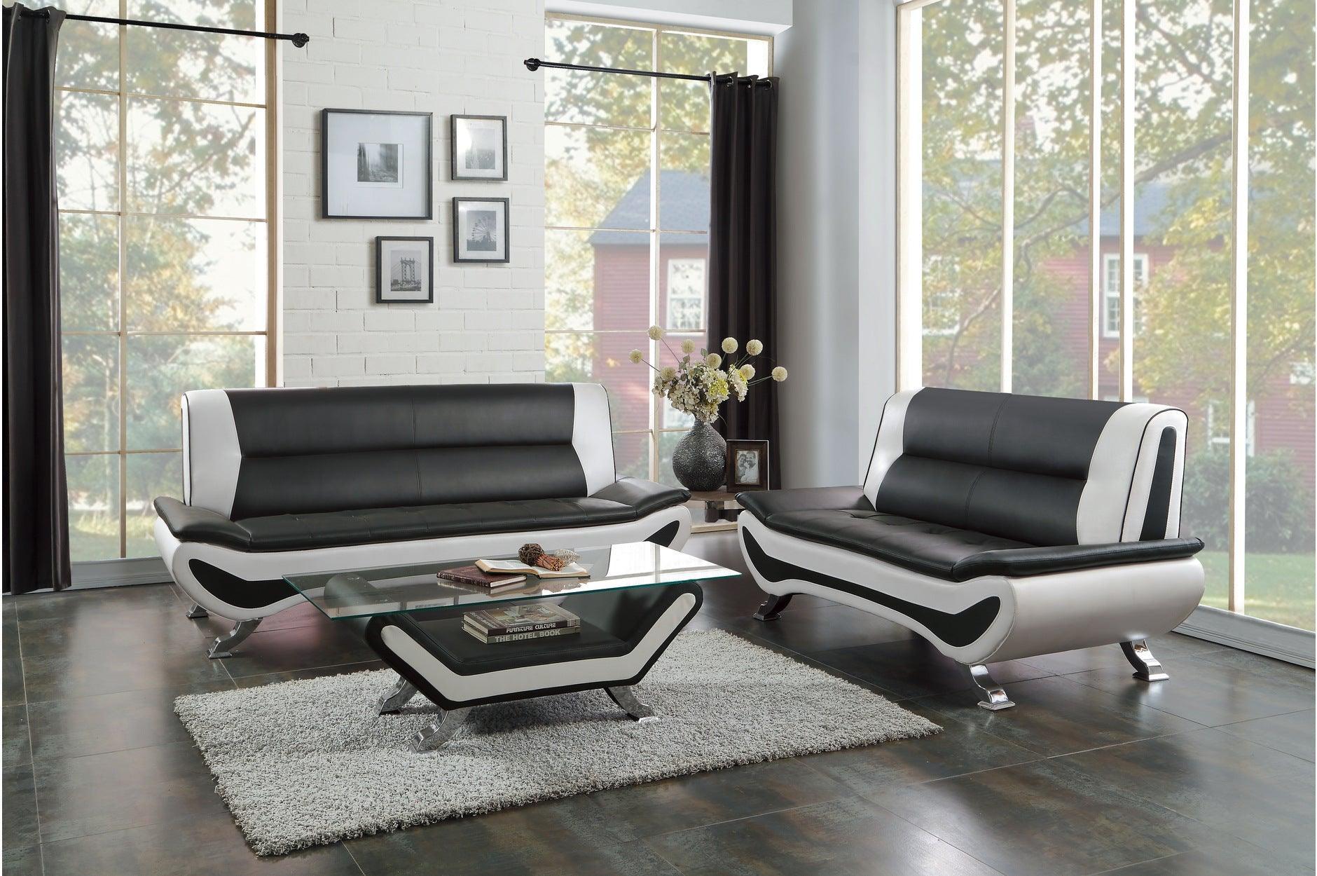 Veloce Black White Faux Leather Tufted Living Room Set - Image 1