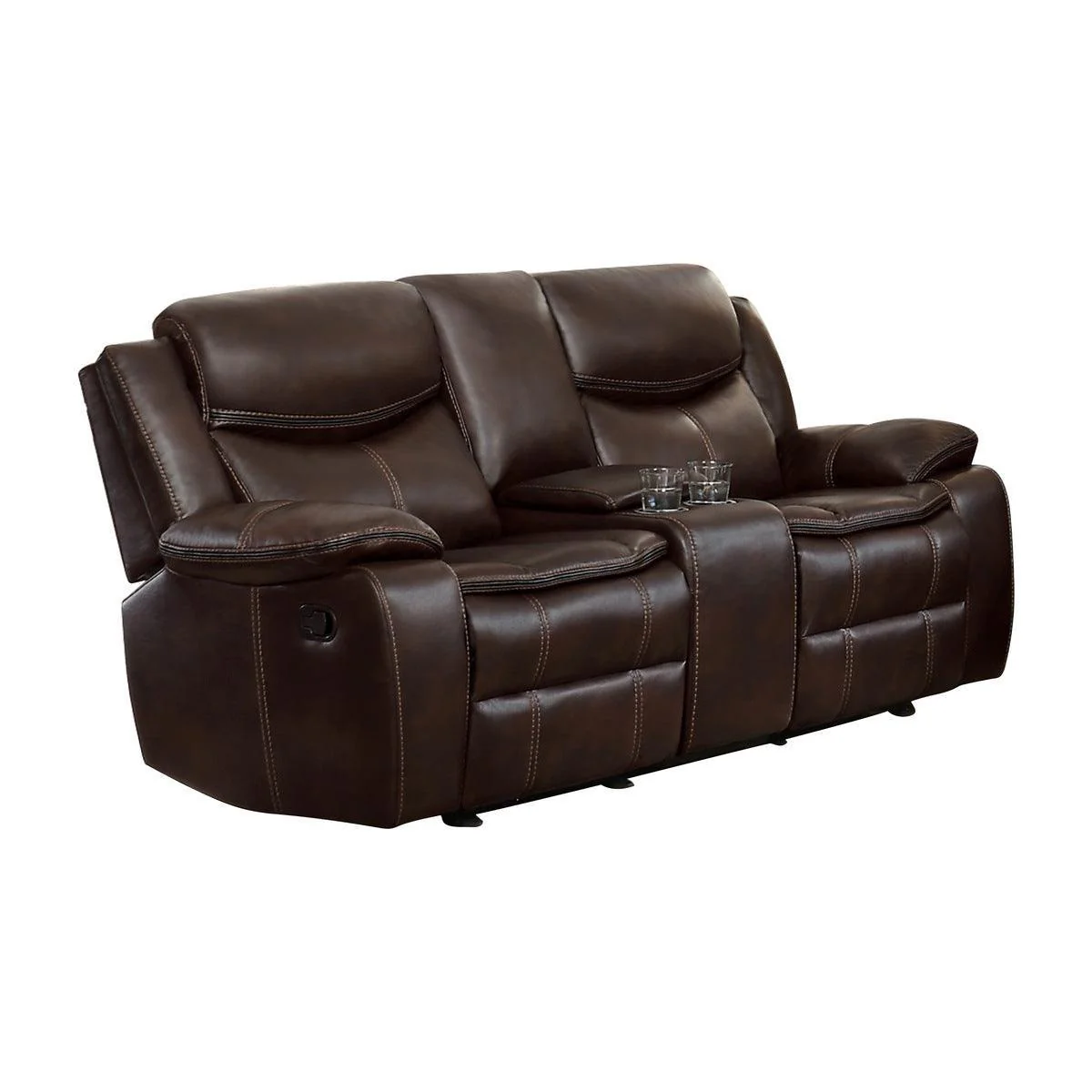 Bastrop Brown Faux Leather Double Glider Reclining Love Center Console - Image 2