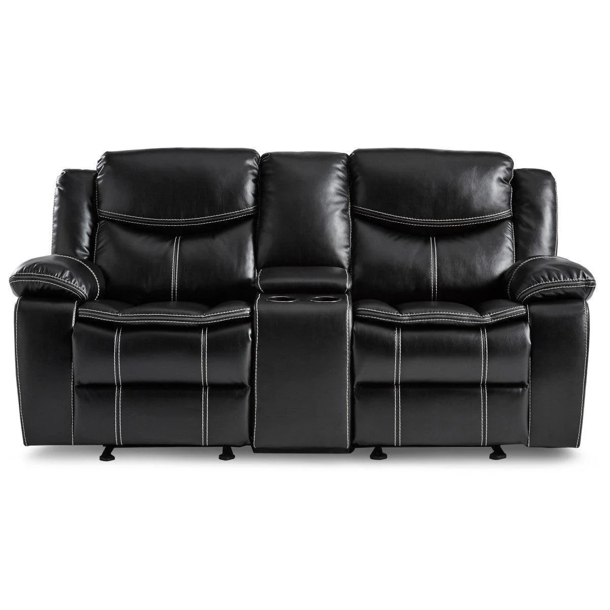 Bastrop Black Faux Leather Double Glider Reclining Love With Center Console