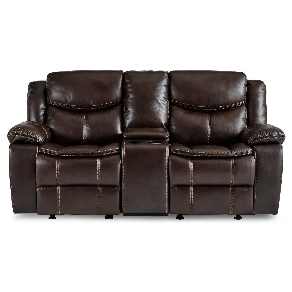 Bastrop Brown Faux Leather Double Glider Reclining Love Center Console