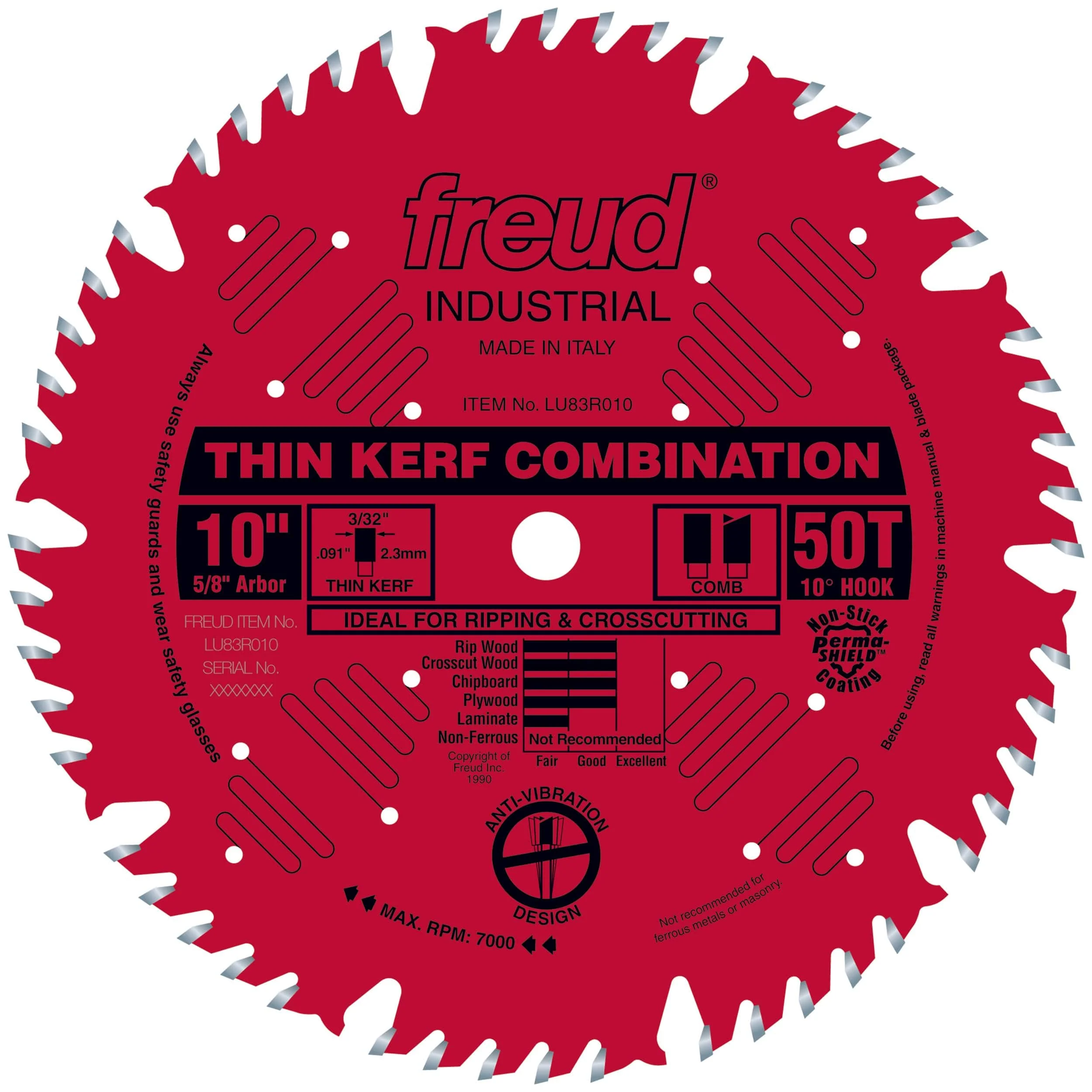LU83R010 Finish Red Circular Saw Blade 10″ x 5/8″ Bore x 50 Tooth Combination Thin Kerf