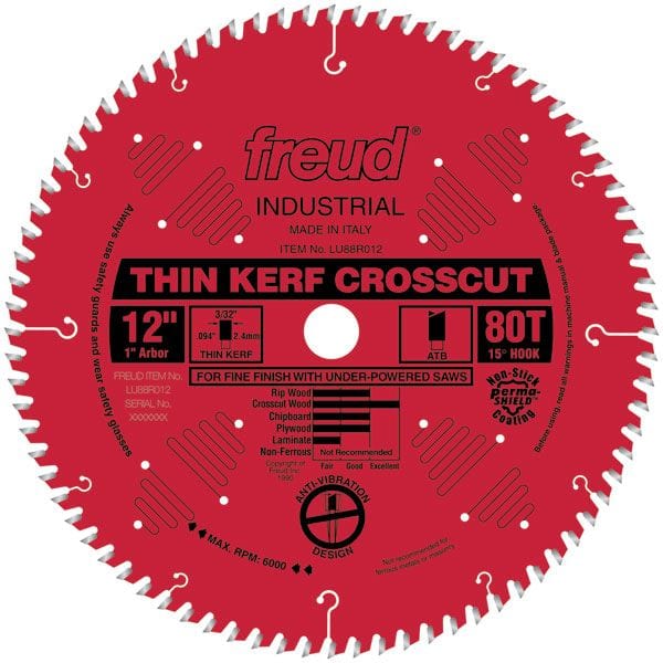 LU88R012 Thin Kerf Fine Finishing Blade 12″ x 1″ Bore x 80 Tooth ATB Thin Kerf