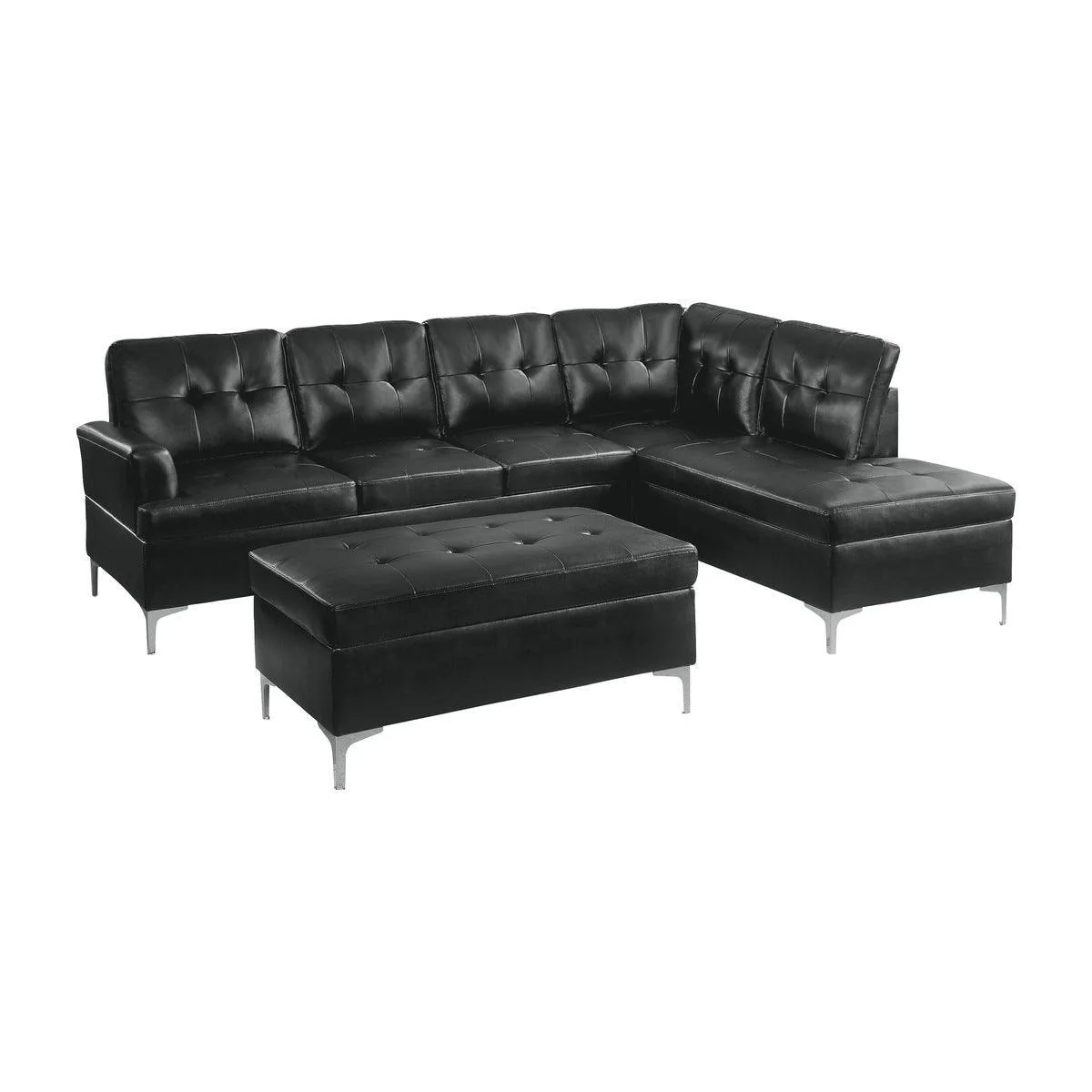 Barrington Black Faux Leather 3-Piece Sectional With Right Chaise Ottoman - Image 1