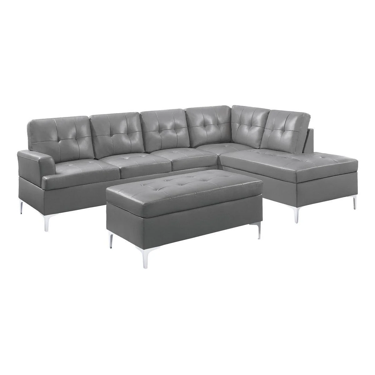 Barrington Gray Faux Leather 3-Piece Sectional With Right Chaise Ottoman - Image 1
