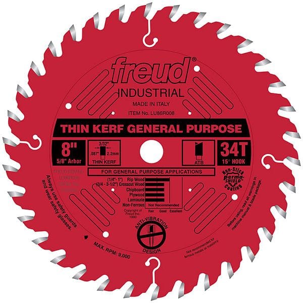 LU86R008 Industrial Thin Kerf General Purpose Blade with Red Perma-Shield, 8″ diameter, 5/8″ a