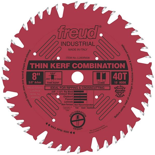LU83R008 Industrial Thin Kerf Combination Blade with Red Perma-Shield, 8" diameter, 5/8" arbor - Image 1