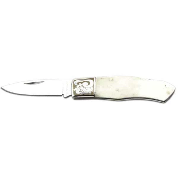 White Bone Lock Back Knife with Decorative Bolster, Model SK-703