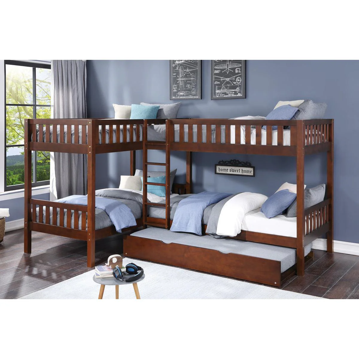 Rowe Dark Cherry Corner Bunk Bed With Twin Trundle - Image 1
