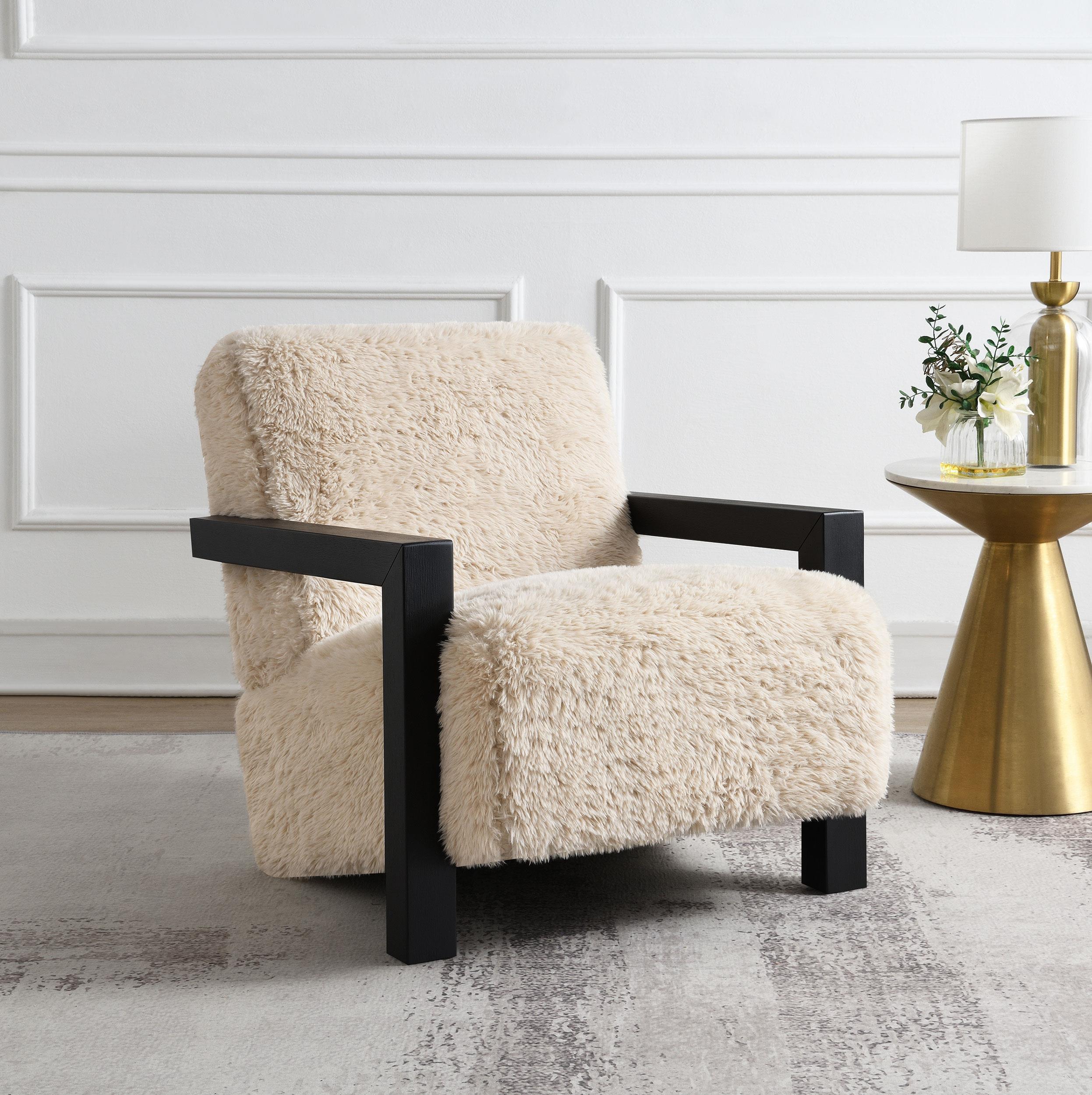 Fitzroy Faux Fur Upholstered Chair Solid Wood Arms Latte - Image 2