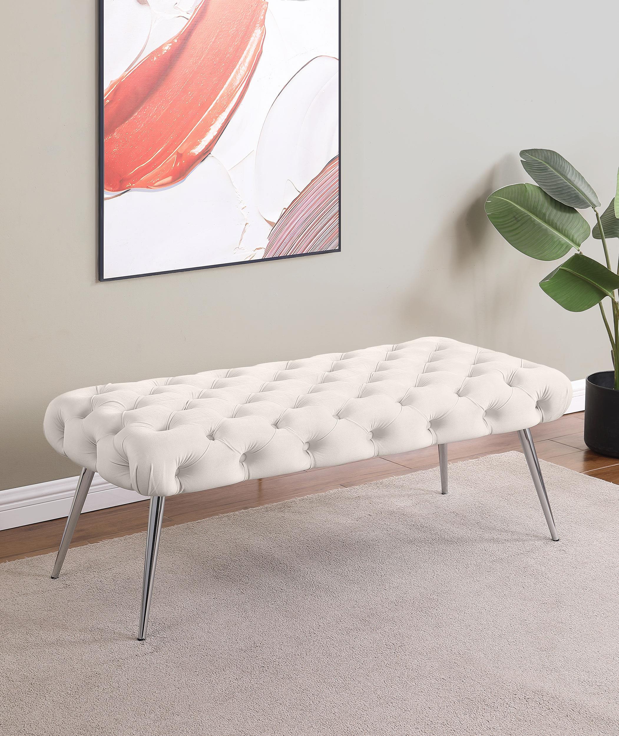 Ella Upholstered Tufted Bench Stainless Steel Legs Ivory - Image 2