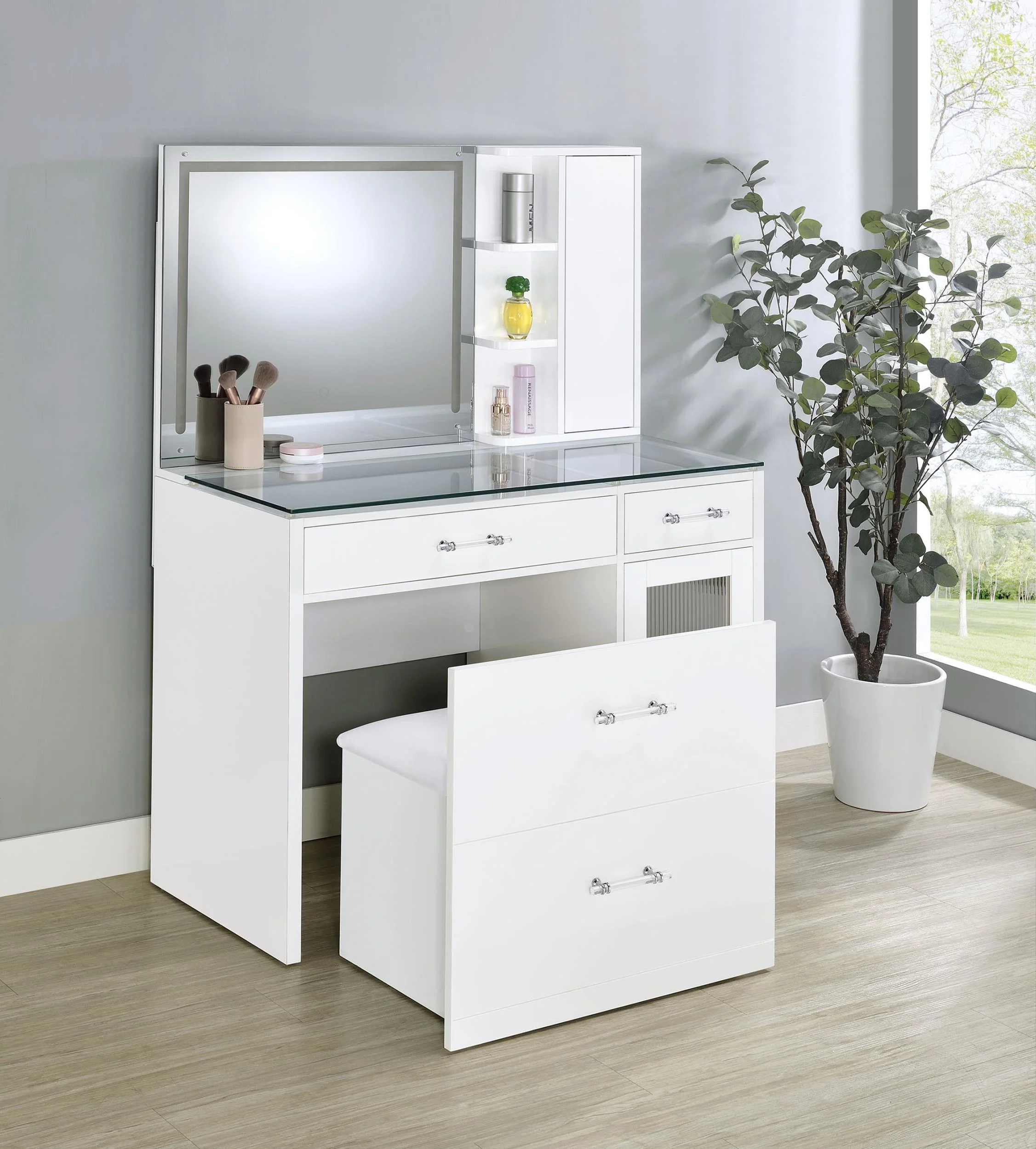 Flora 2-drawer Vanity Set with LED Mirror White High Gloss - Image 3