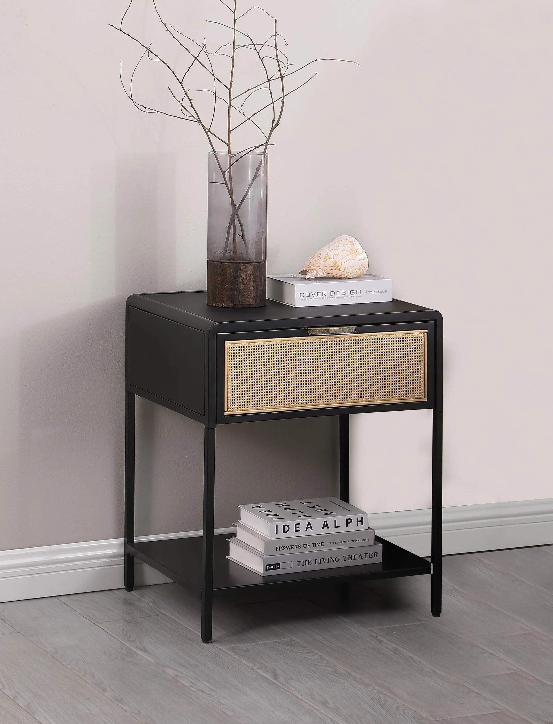 Amherst 1 Drawer Radio Weave Rattan Metal Side Table Black - Image 2
