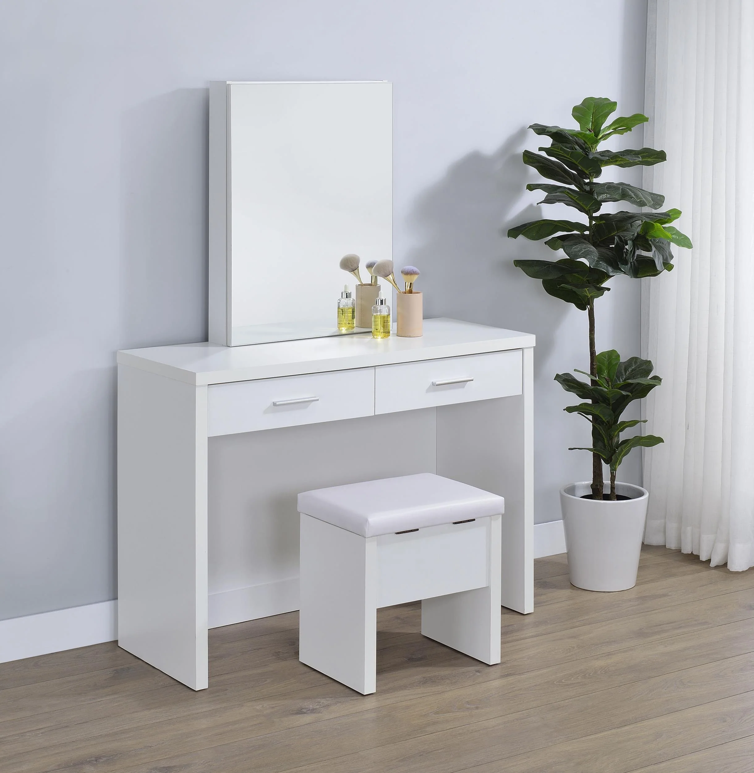 Bunbury Makeup Vanity Table Set Storage Mirror and Stool White - Image 2