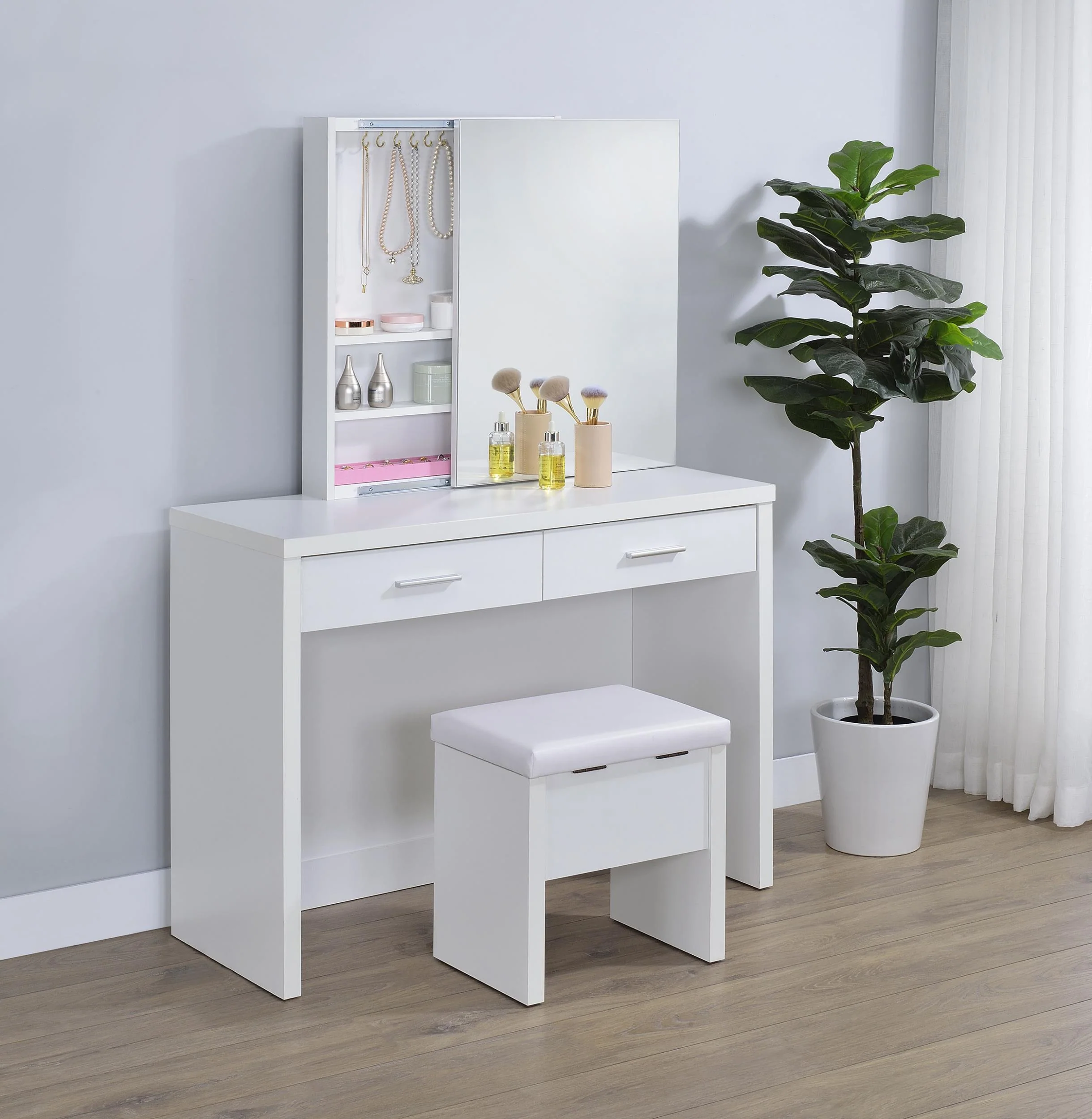 Bunbury Makeup Vanity Table Set Storage Mirror and Stool White - Image 3