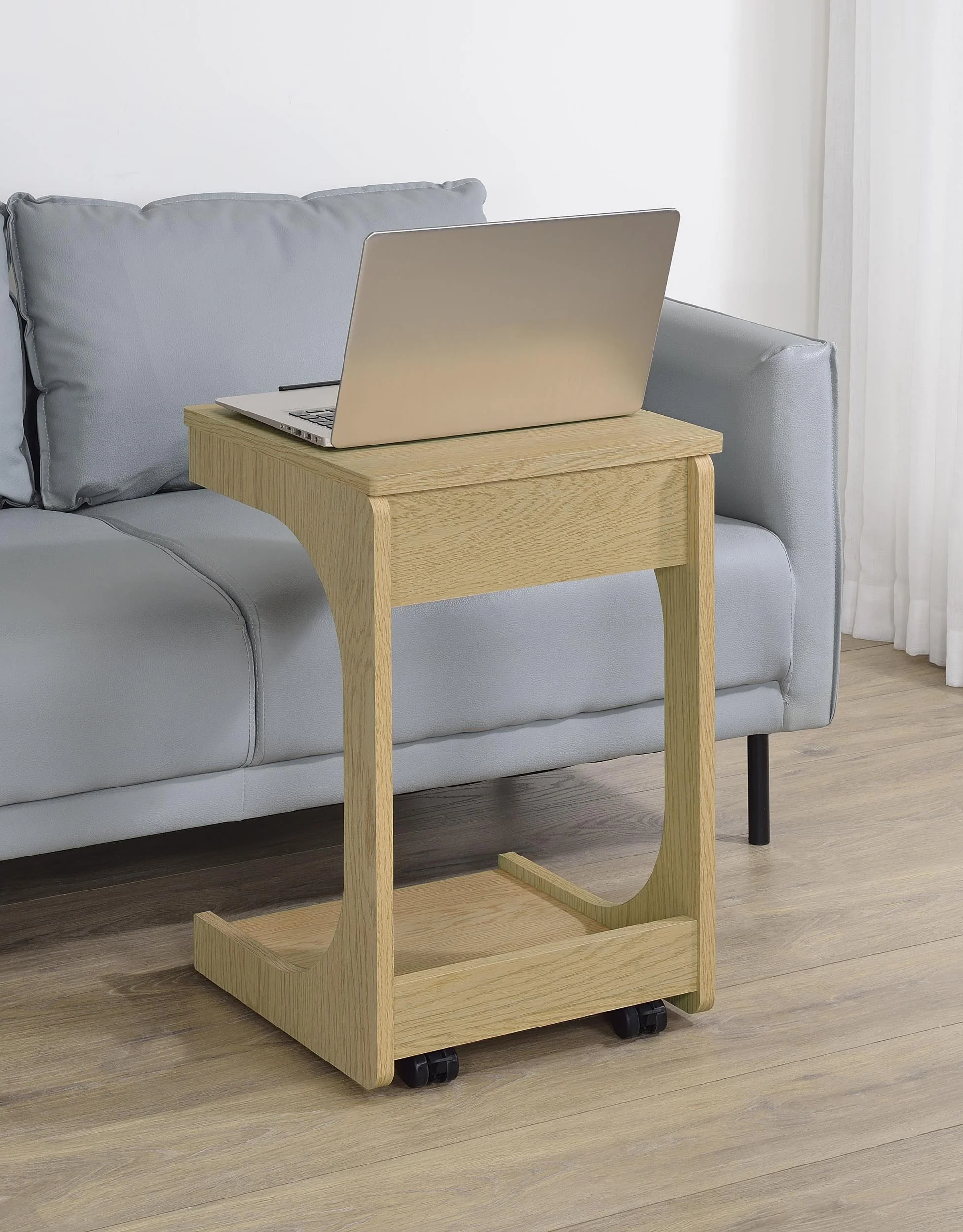 Ralston C-Shaped Lift-Top Sofa Side Table With Casters Light Oak - Image 2