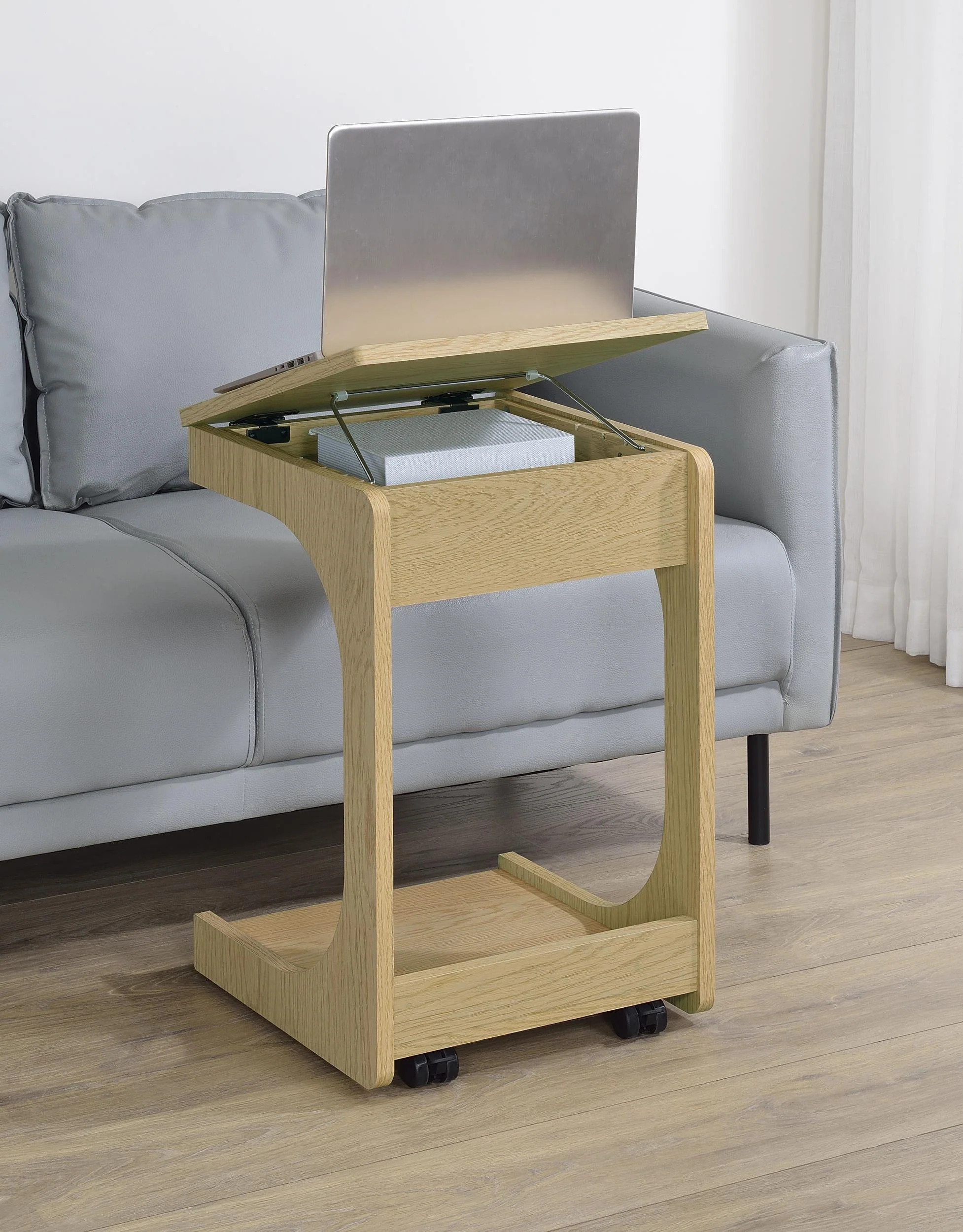 Ralston C-Shaped Lift-Top Sofa Side Table With Casters Light Oak - Image 3