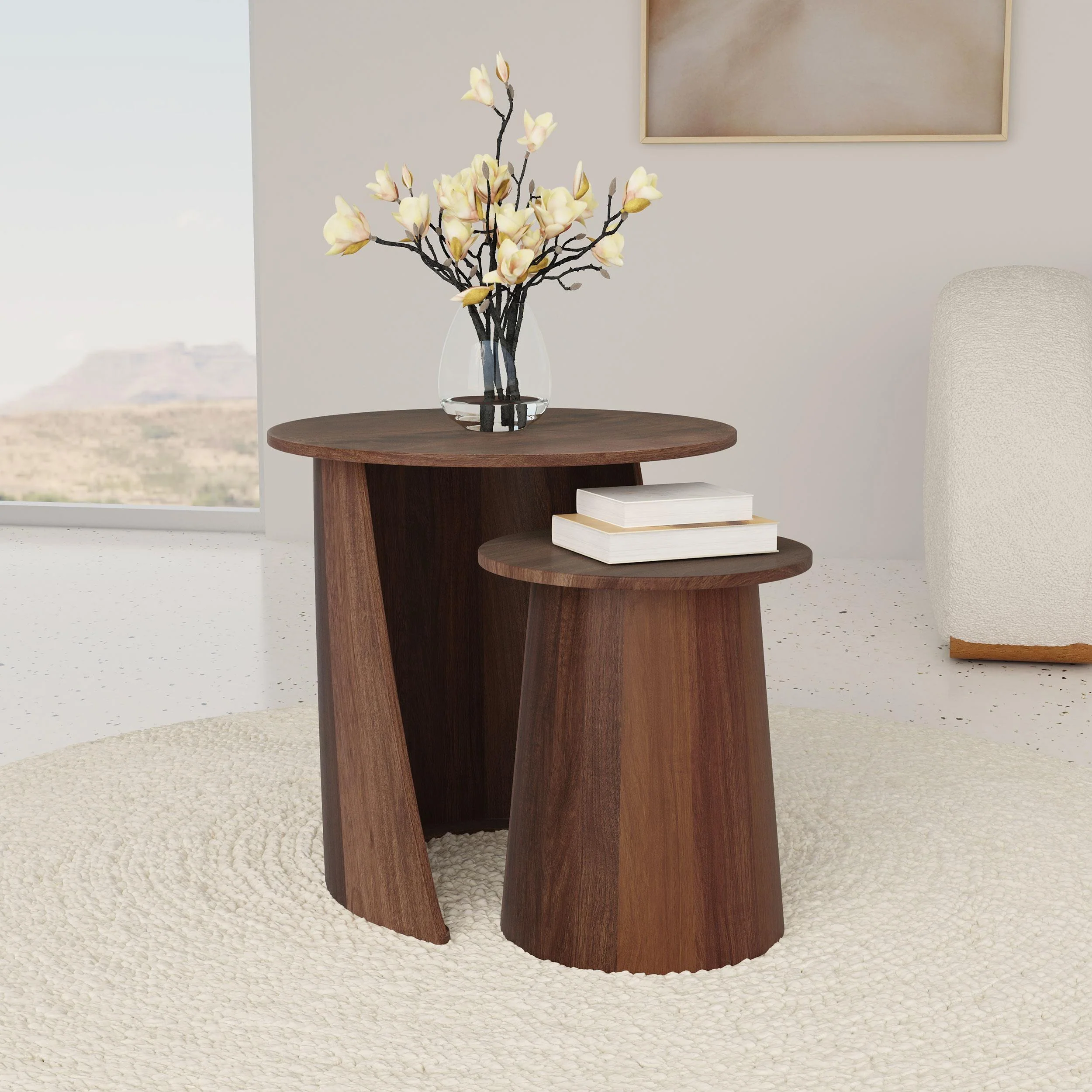Yency 2-piece Round Mango Wood Nesting Table Set Dark Brown - Image 2