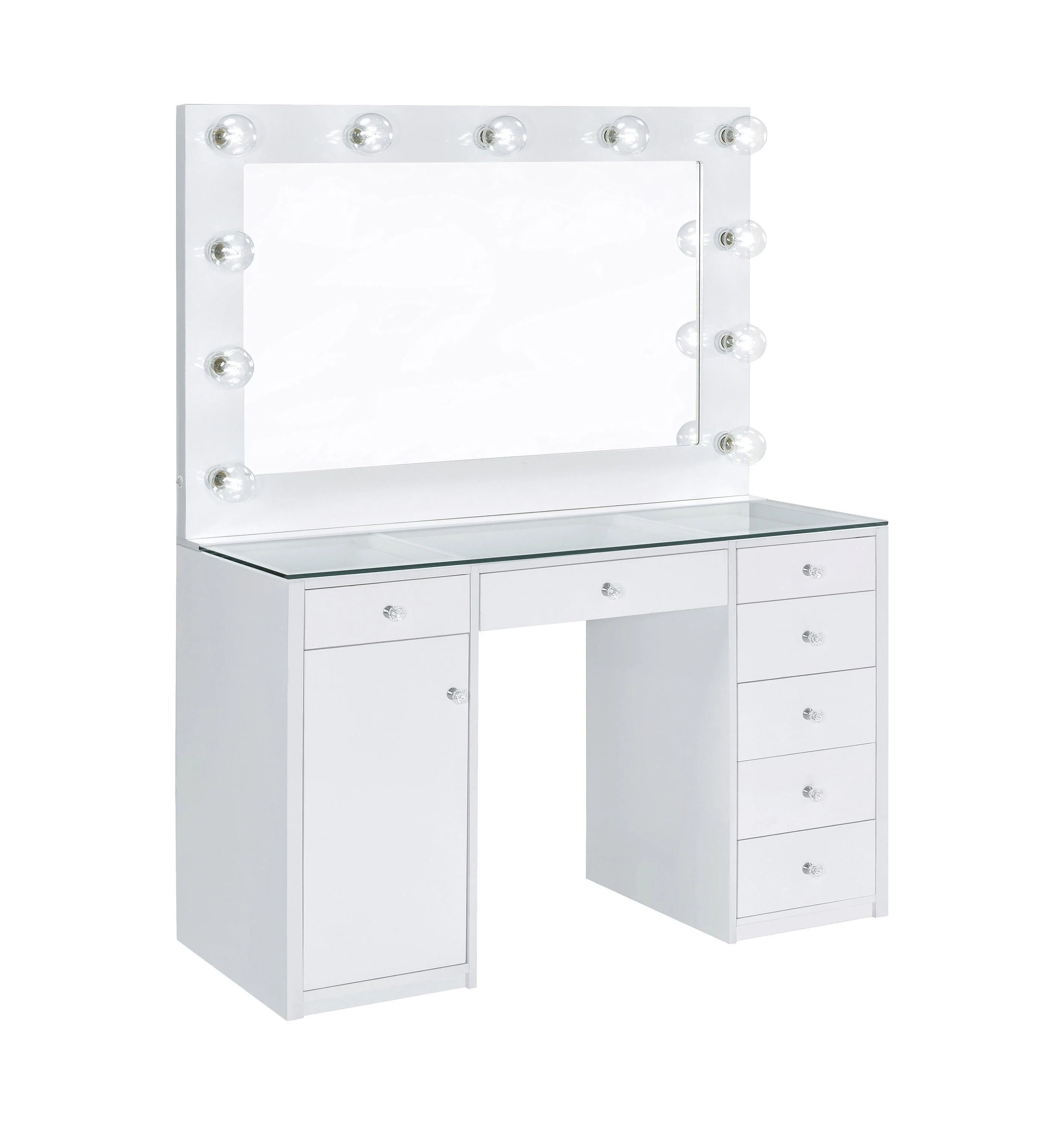 Percy 7 Drawer Glass Top Vanity Desk With Lighting White - Image 2