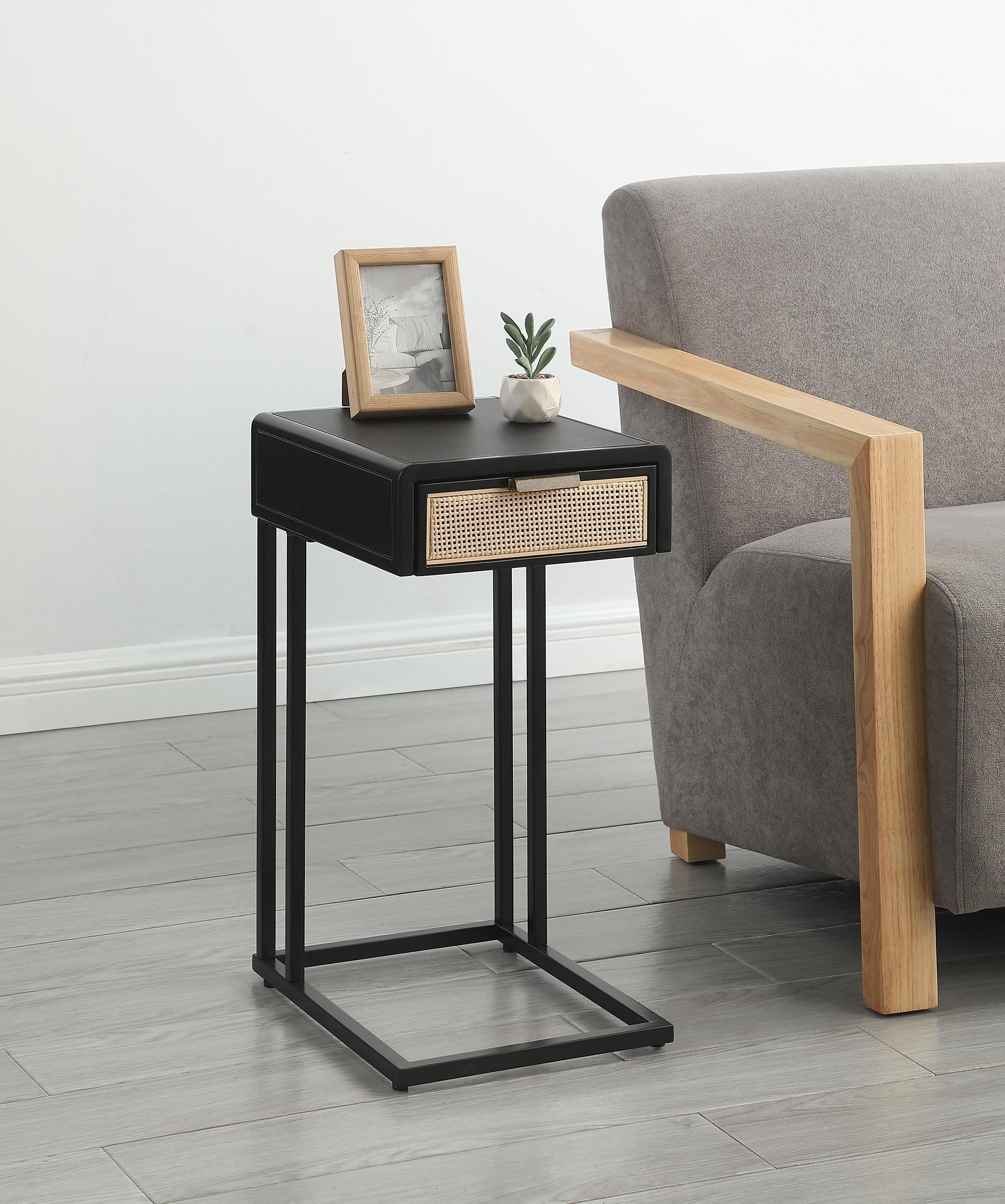 Amherst 1-drawer Radio Weave Cane Metal Side Table Black - Image 2