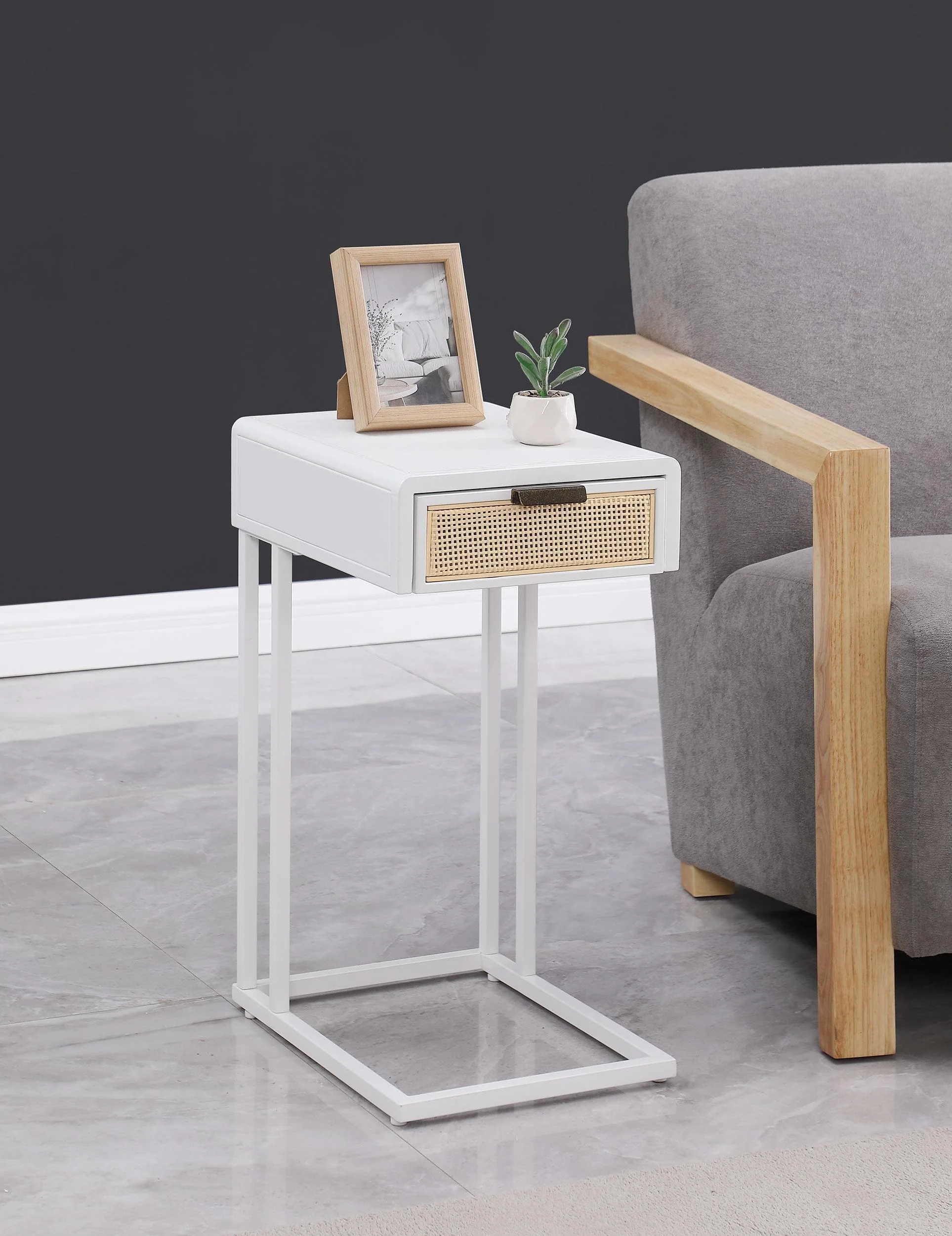 Amherst 1-drawer Radio Weave Cane Metal Side Table White - Image 2