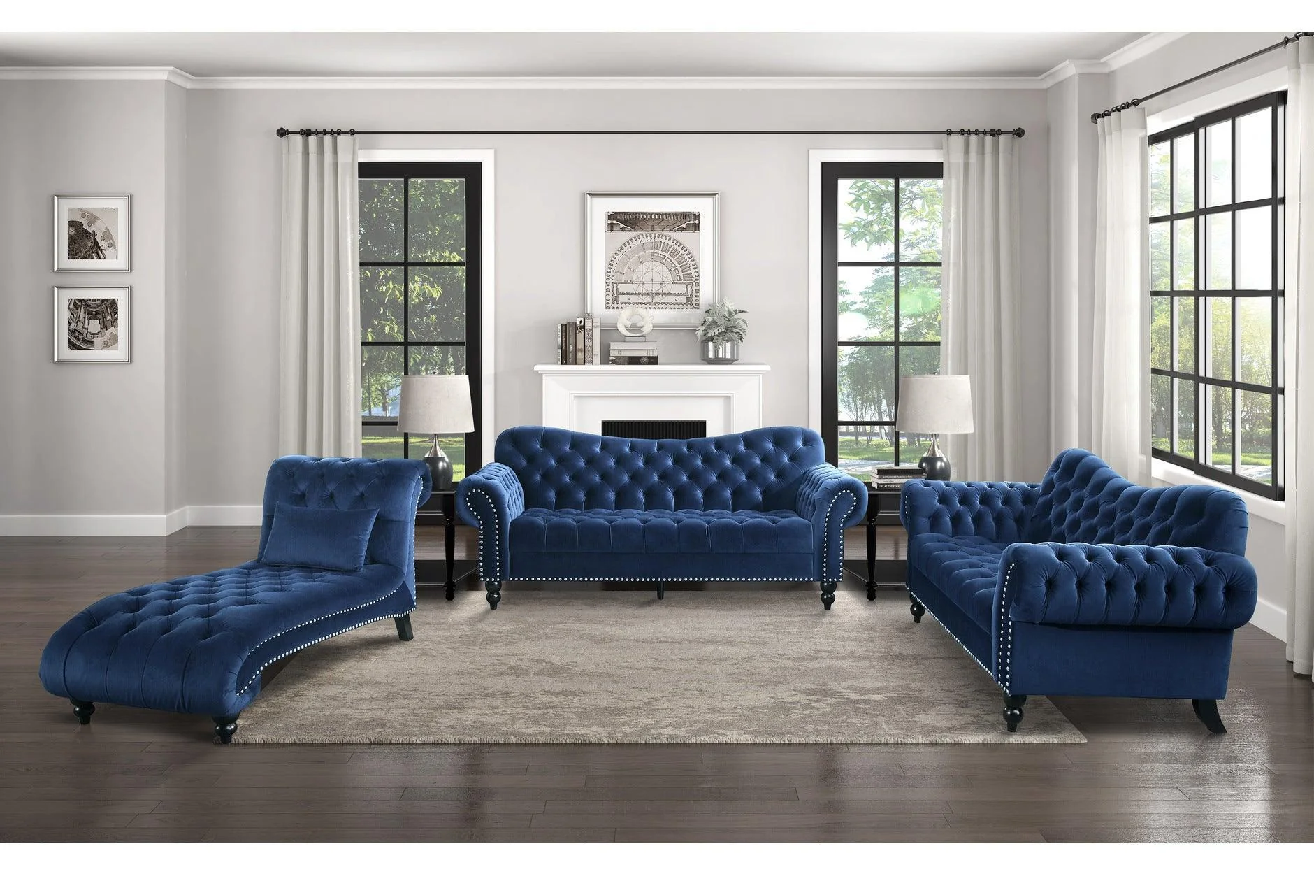 Rosalie Navy Velvet Tufted Living Room Set - Image 2