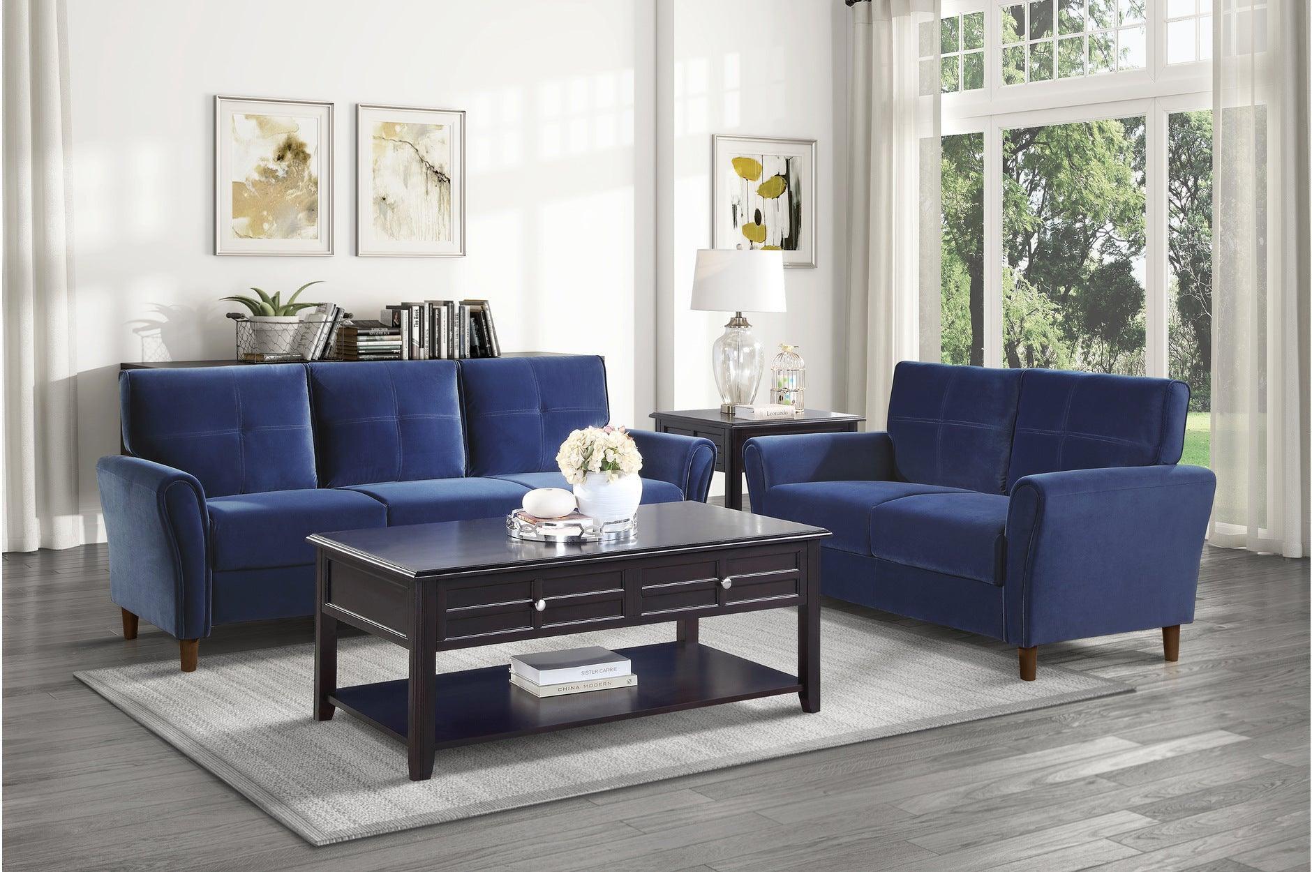 Dunleith Blue Velvet Fabric Tufted Living Room Set - Image 1