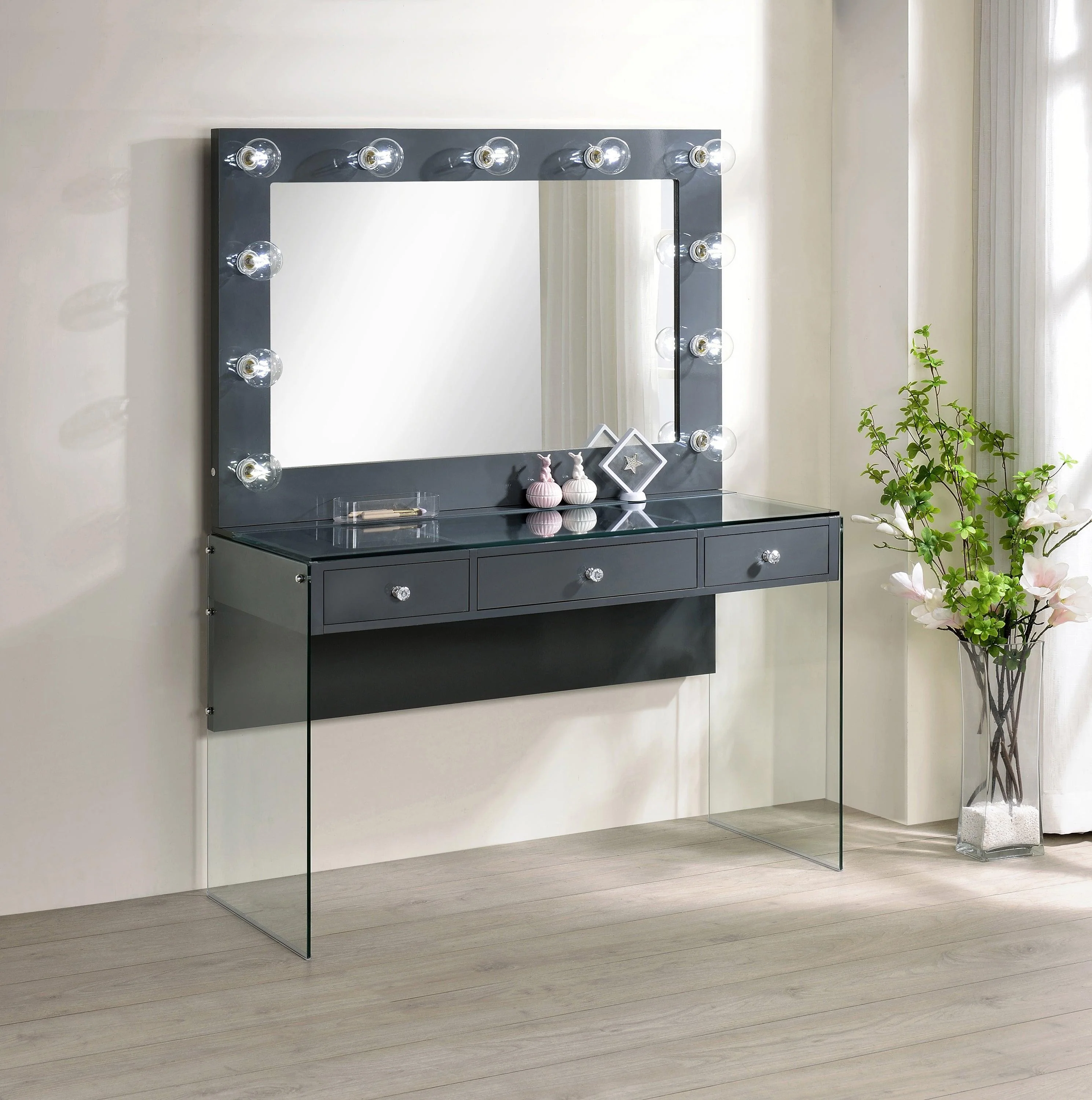 Afshan 3 Drawer Vanity Desk With Lighting Mirror Gray High Gloss - Image 2