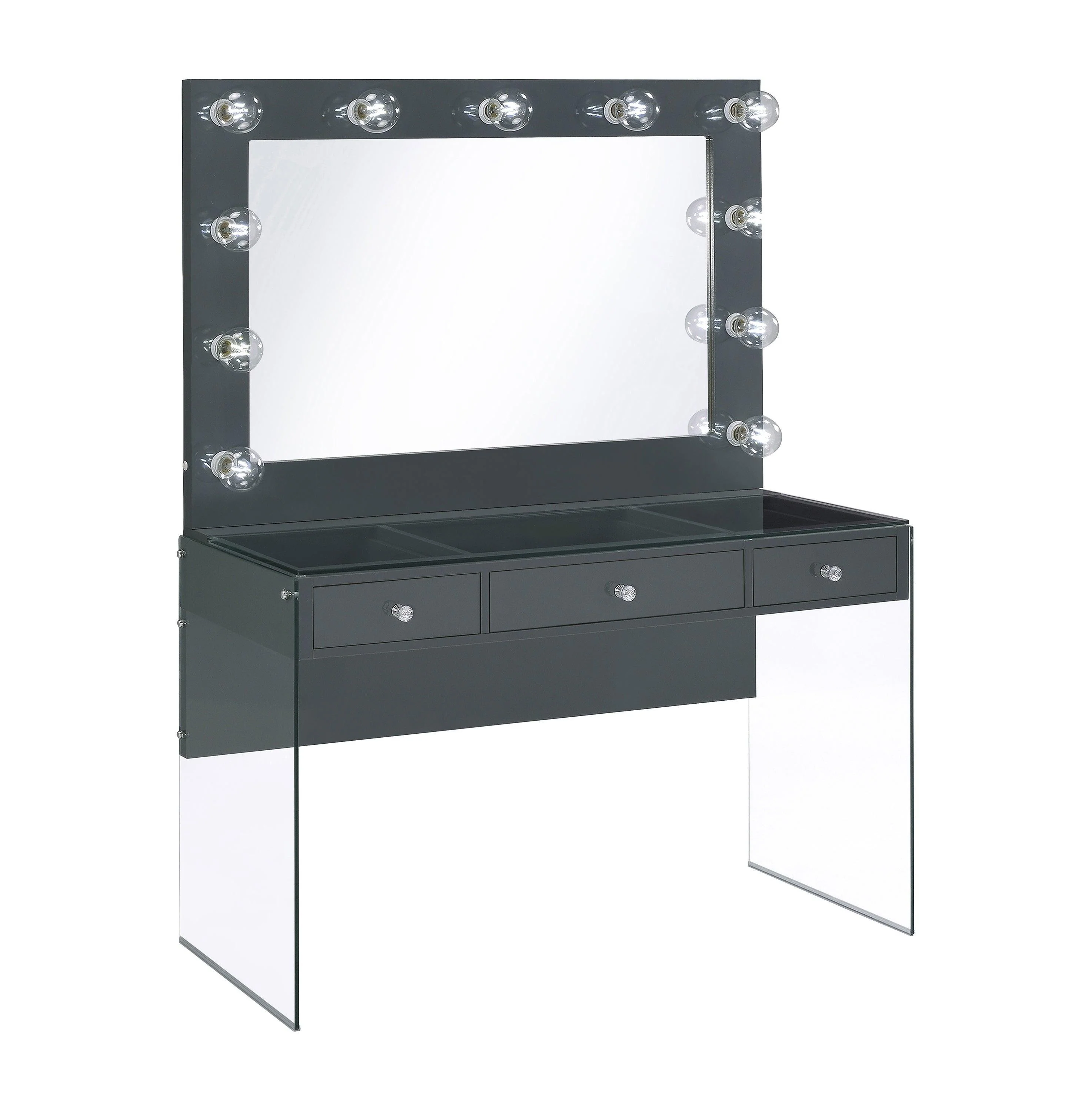 Afshan 3 Drawer Vanity Desk With Lighting Mirror Gray High Gloss - Image 3
