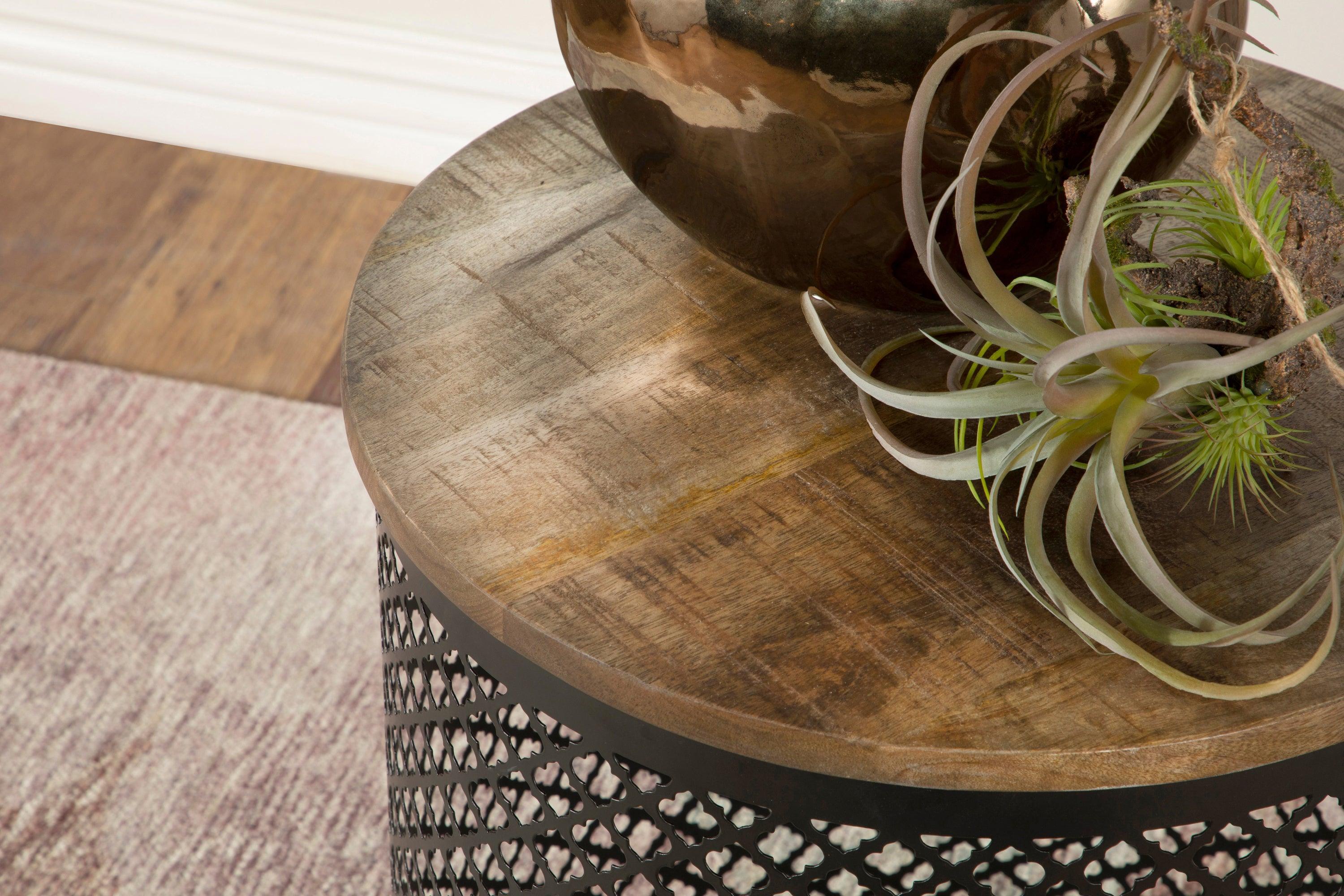 Aurora Round Accent Table With Drum Base Natural Black - Image 3