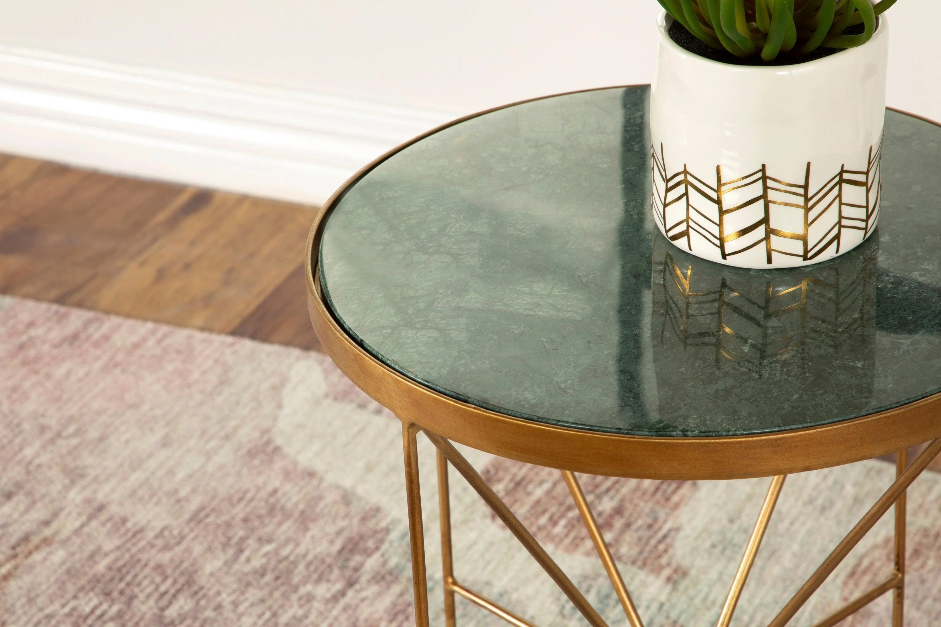 Eliska Round Accent Table With Marble Top Green Antique Gold - Image 3